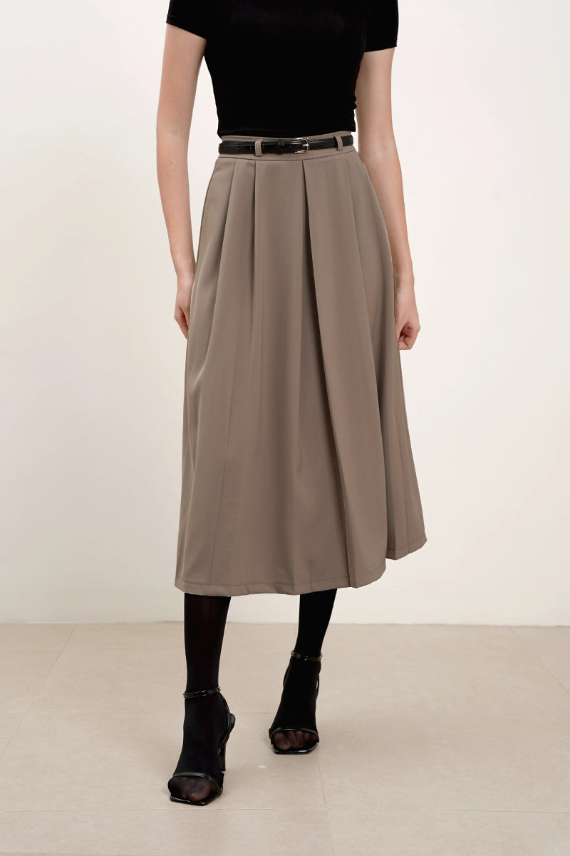 Avalon Belted Midi Skirt In Khaki
