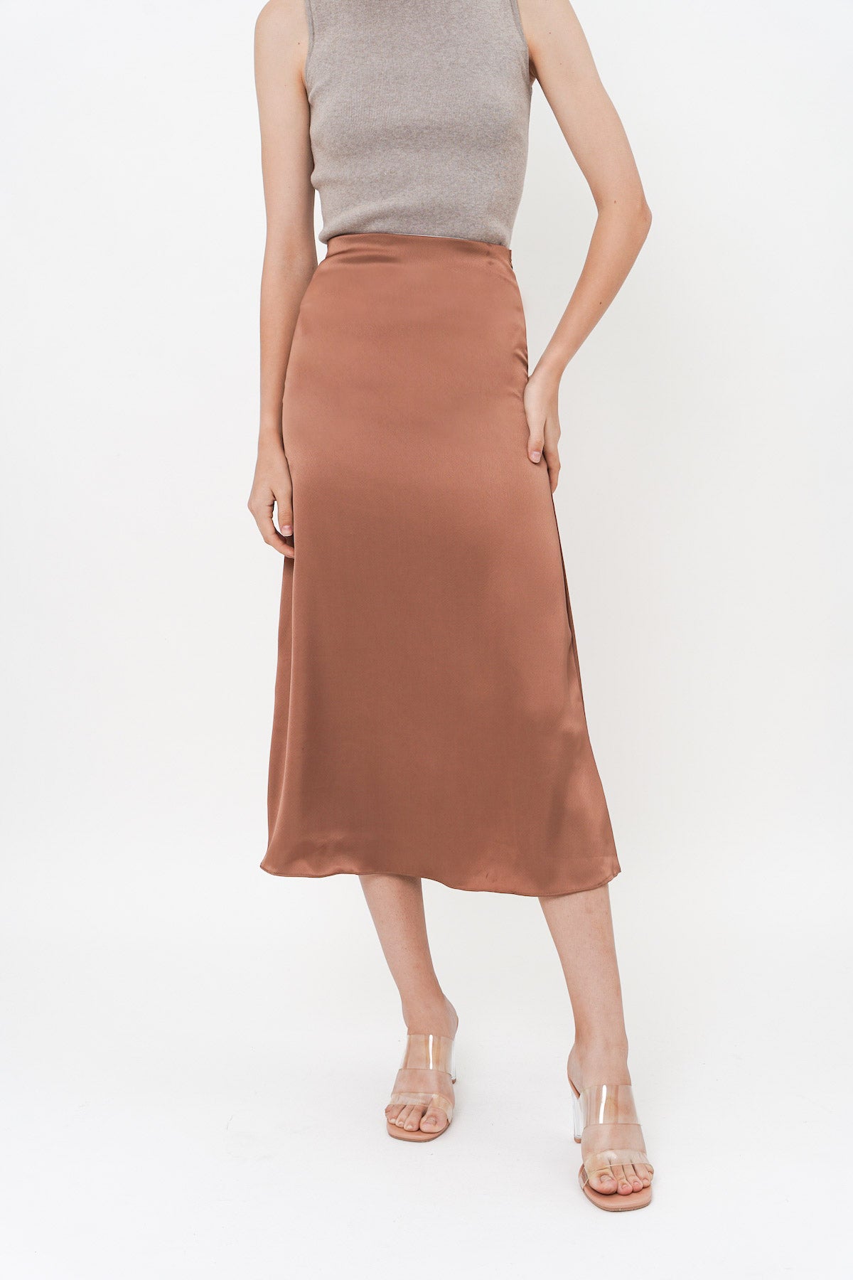 Satin Slip Skirt In Copper
