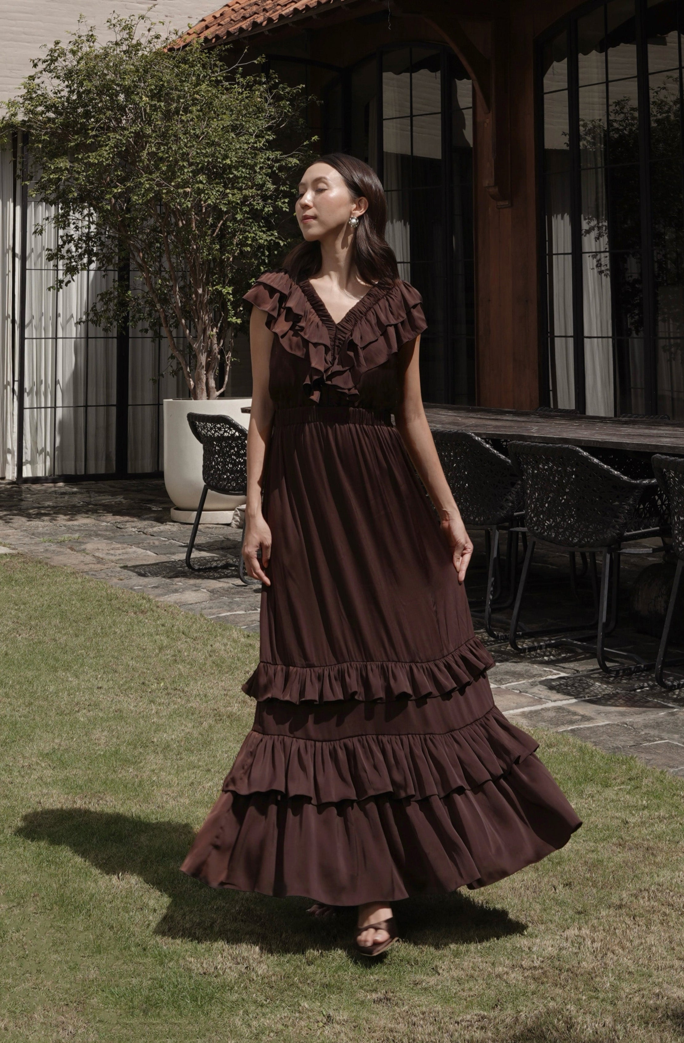 Lou Ruffle Maxi Dress In Espresso