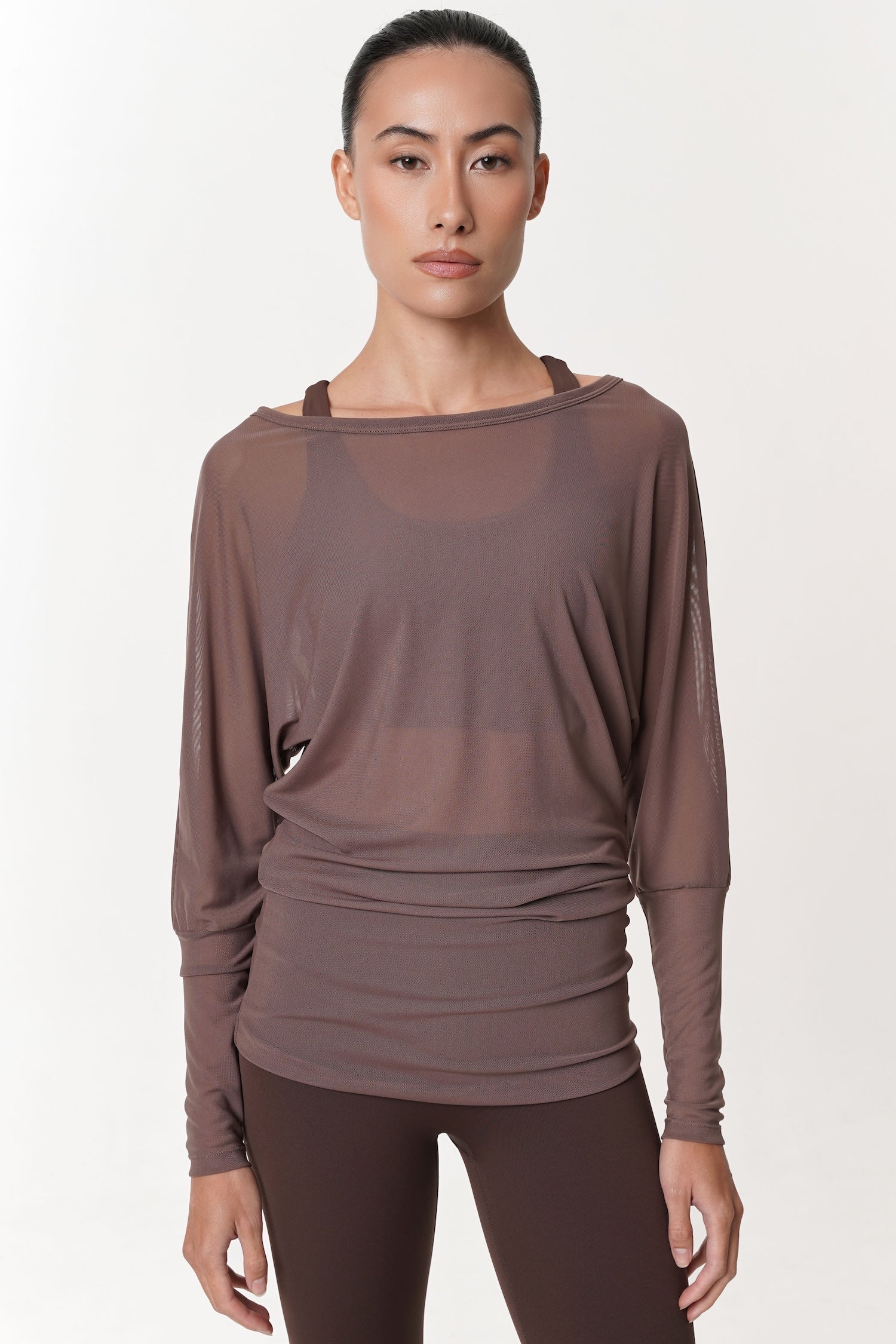 Robic Off-Shoulder Sheer Top in Espresso