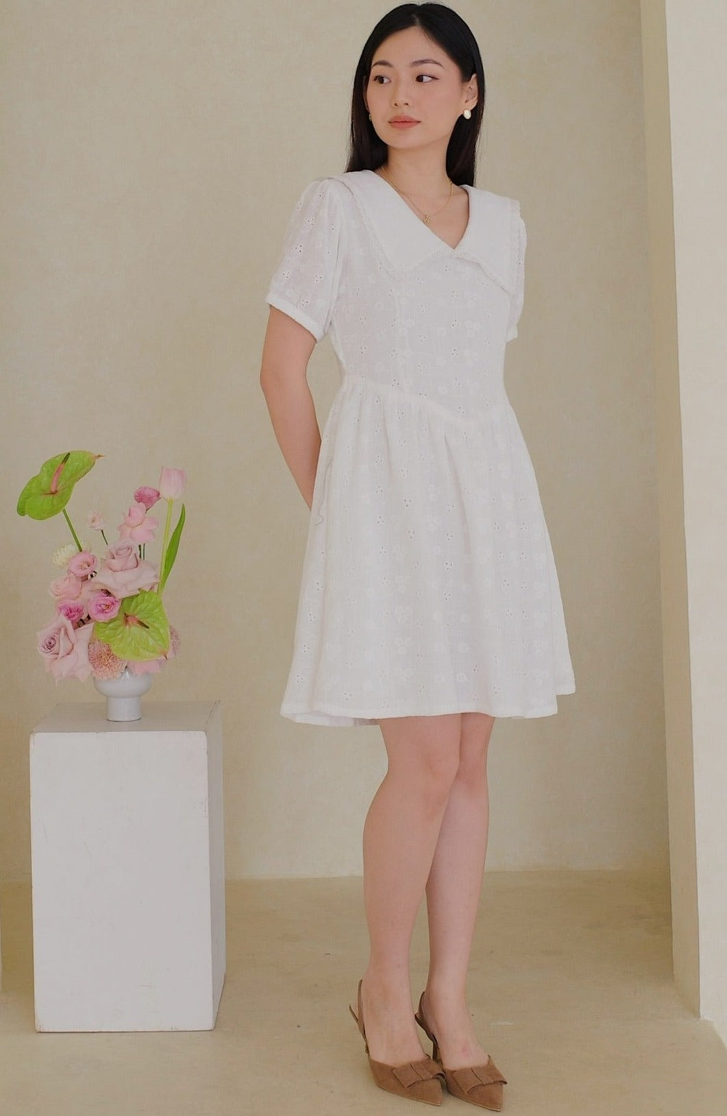 Elaine Collar Dress In White