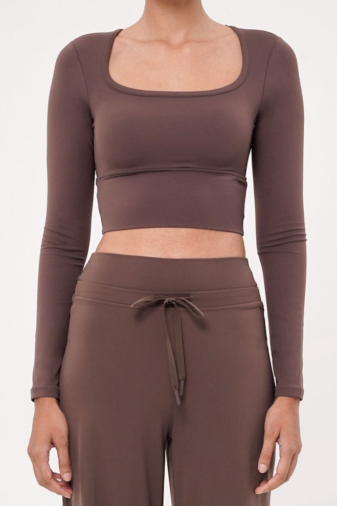 Ripple Long Sleeve Bra Top in Truffle