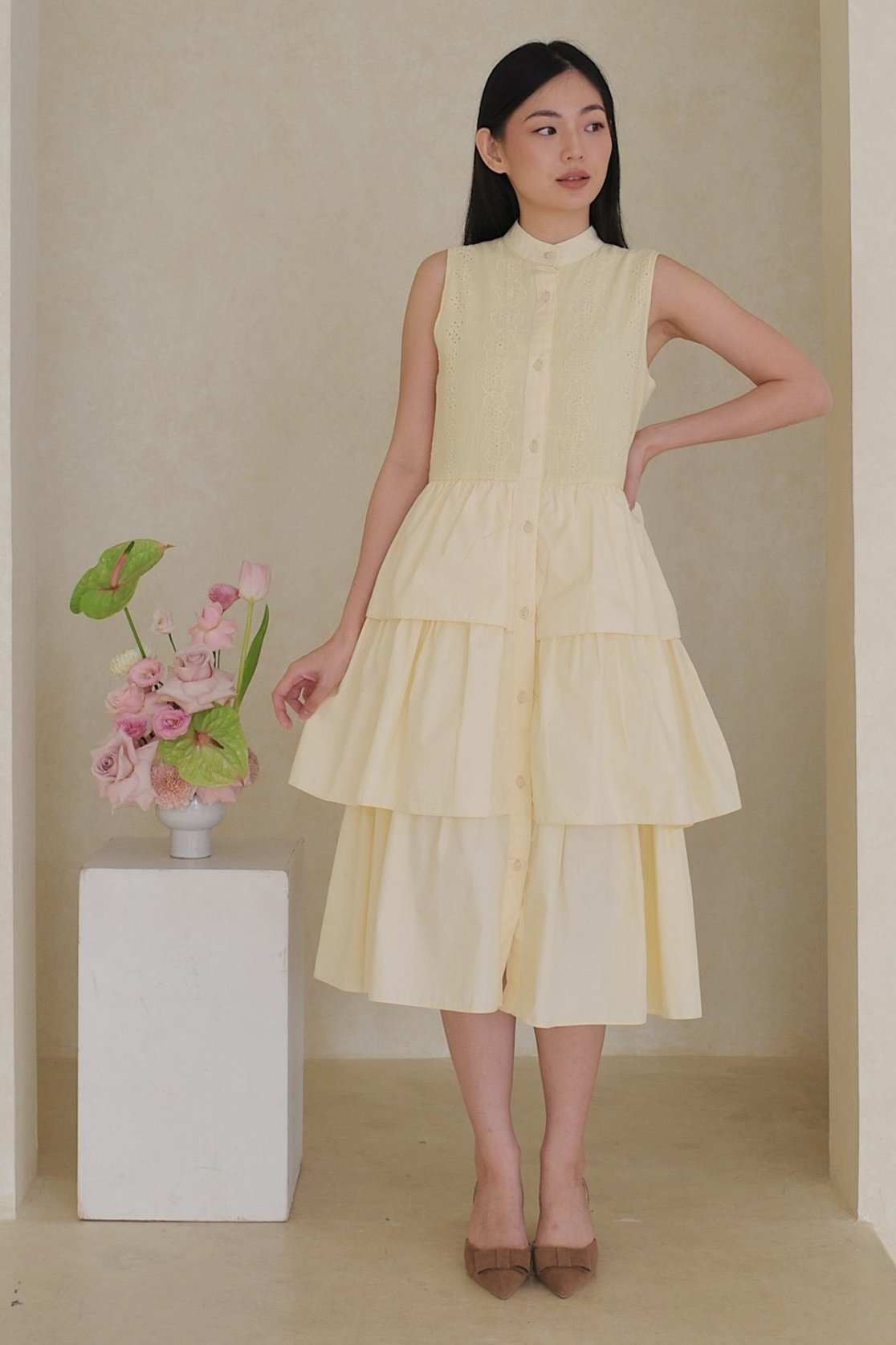 Claire Embroidery Tiered Dress In Butter Yellow