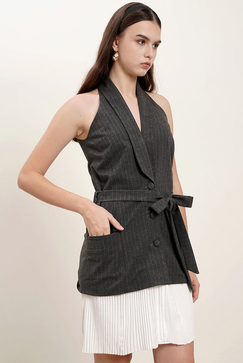 Sorley Wrap Dress In Dark Grey Stripes (3 LEFT)