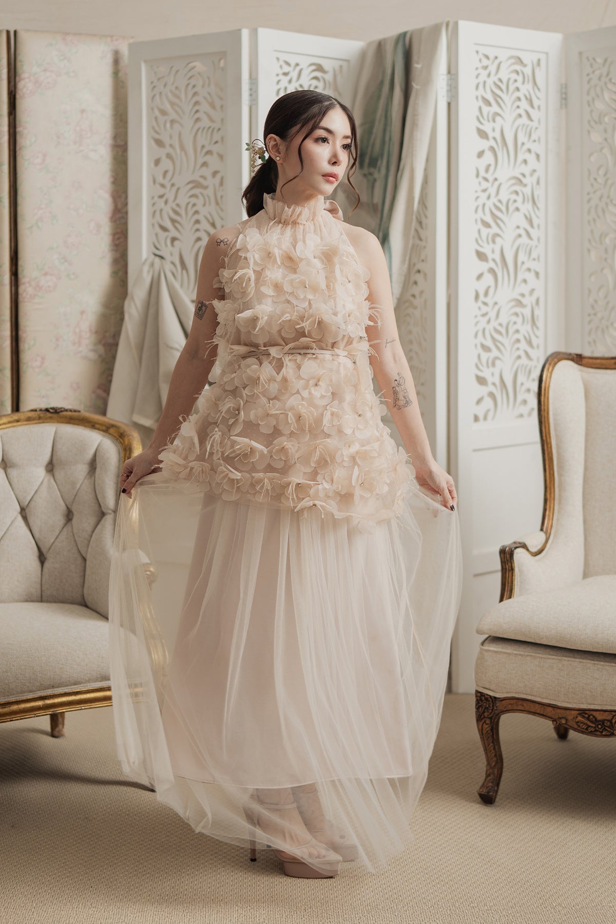 Jolyn Top With Tulle Skirt in Nude