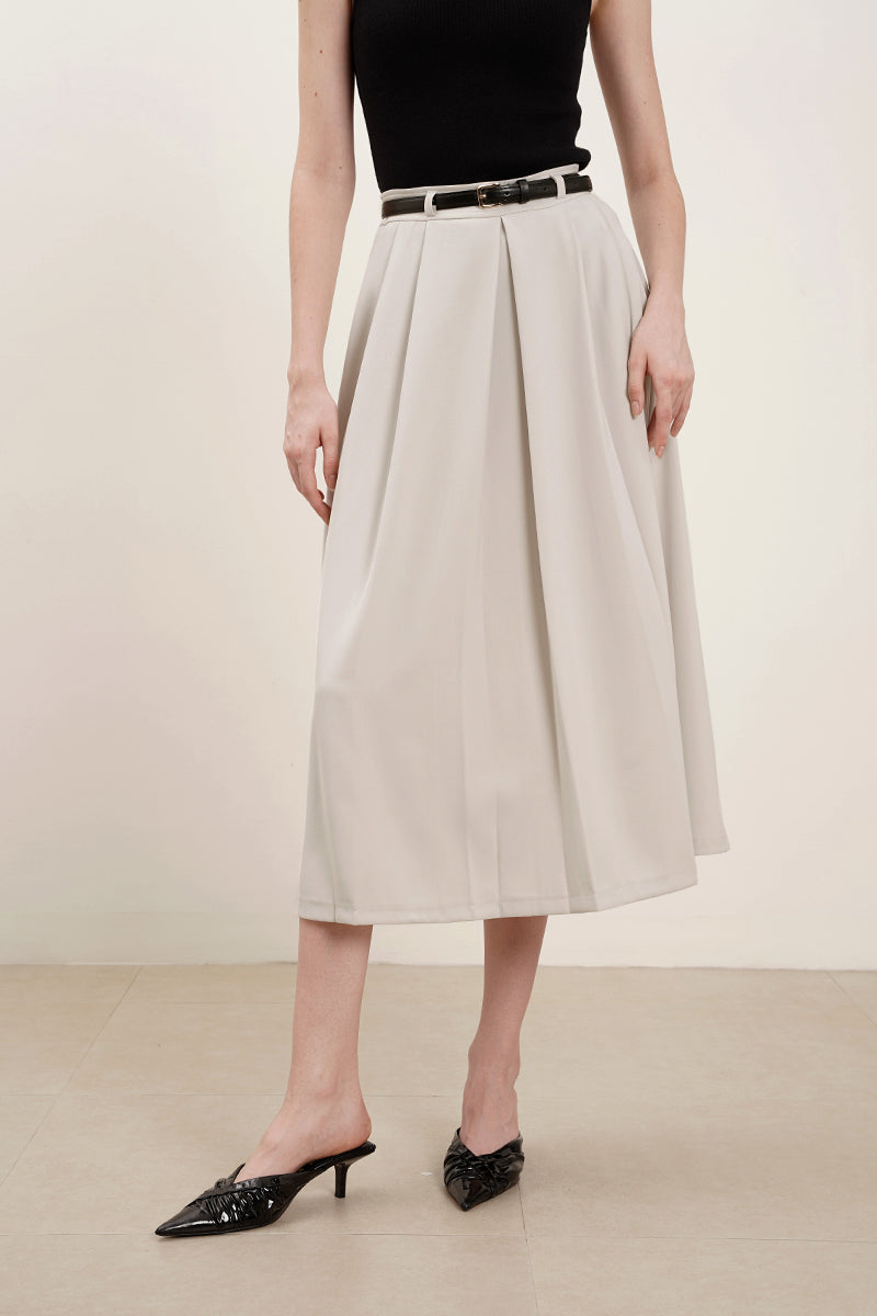 Avalon Belted Midi Skirt In White Sage