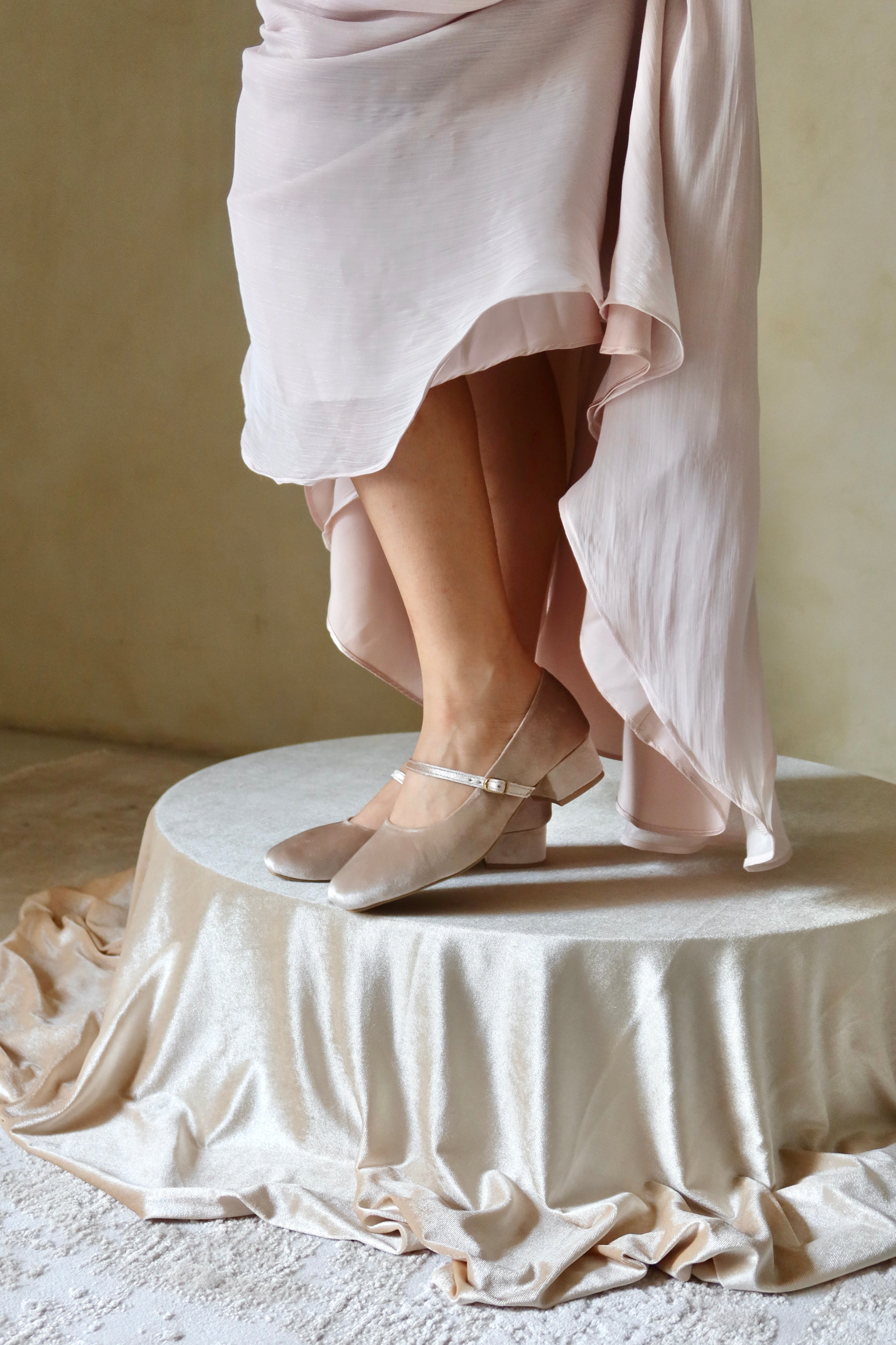Mary Jane Heels in Champagne Velvet
