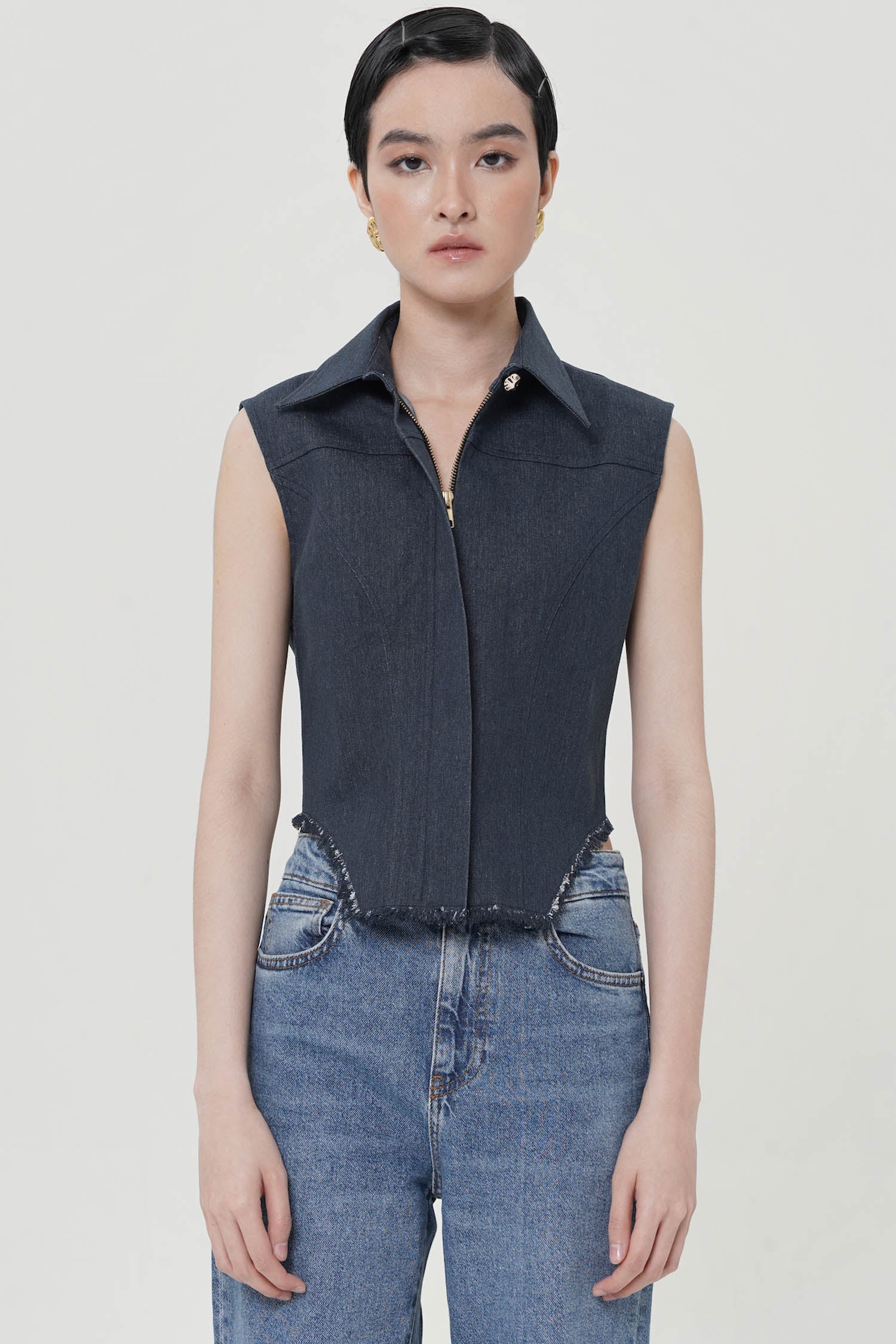 Jordane Zip-Up Top In Dark Denim