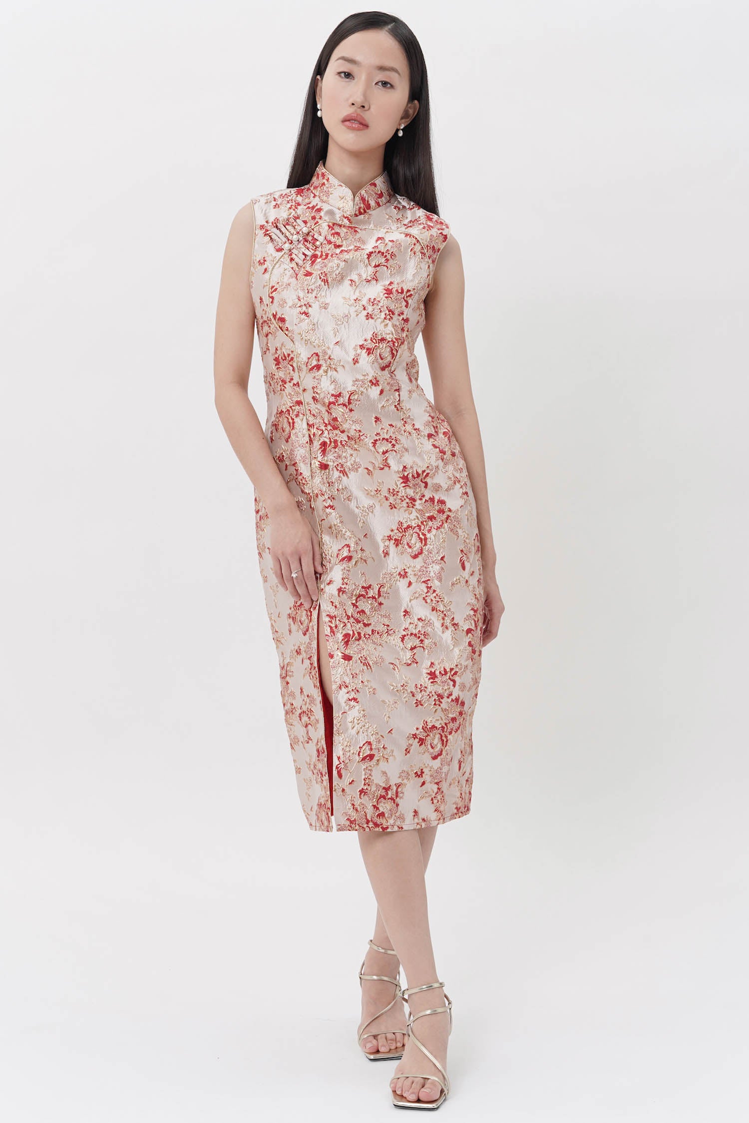 Suanni Cheongsam Midi Dress In Maroon-Nude (4 LEFT)