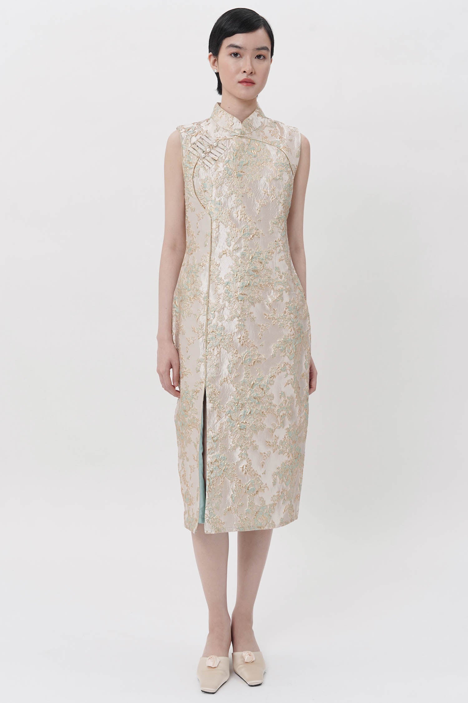 Suanni Cheongsam Midi Dress In Nude Mint (4 LEFT)