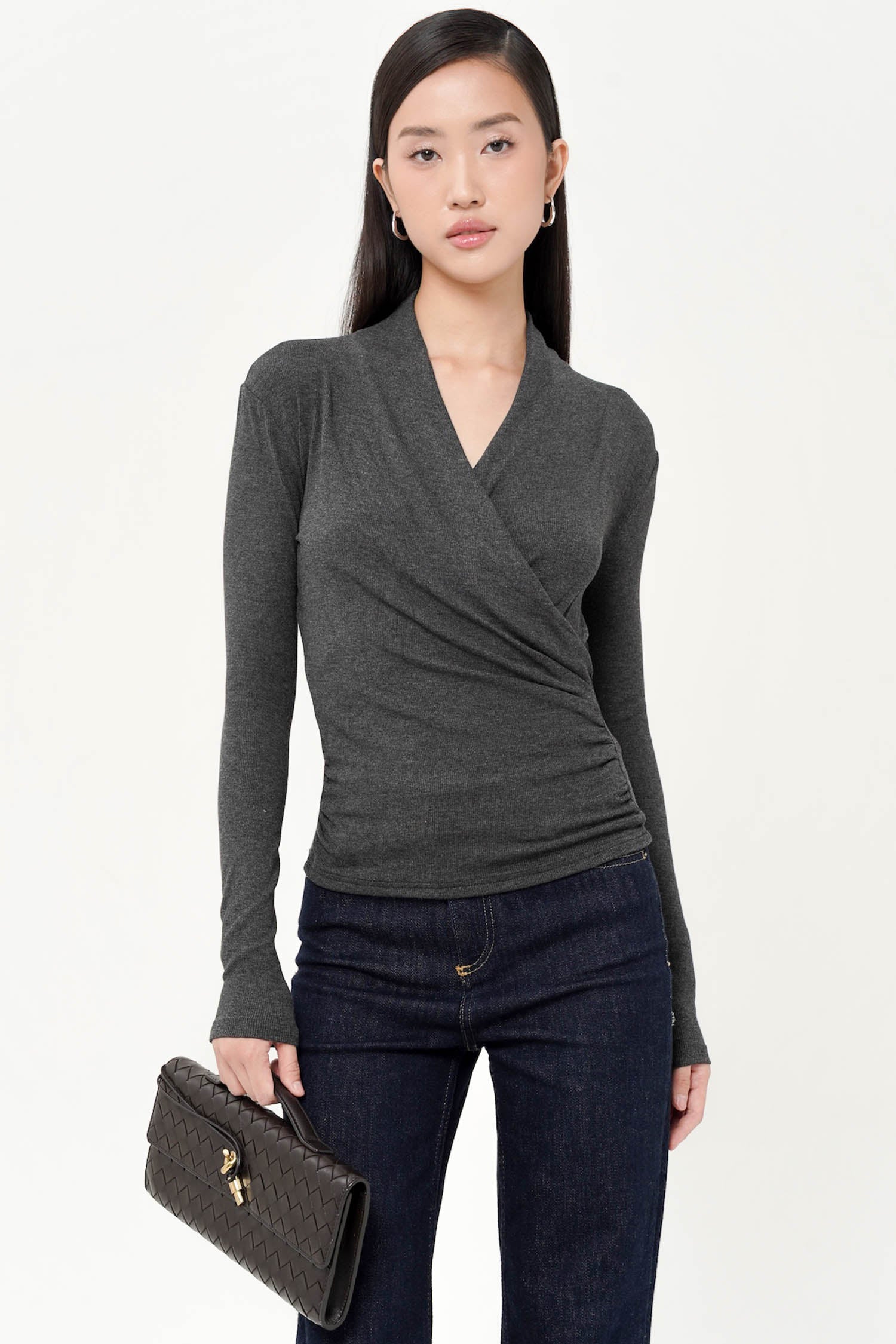 Magda Draped Wrap Blouse In Dark Grey