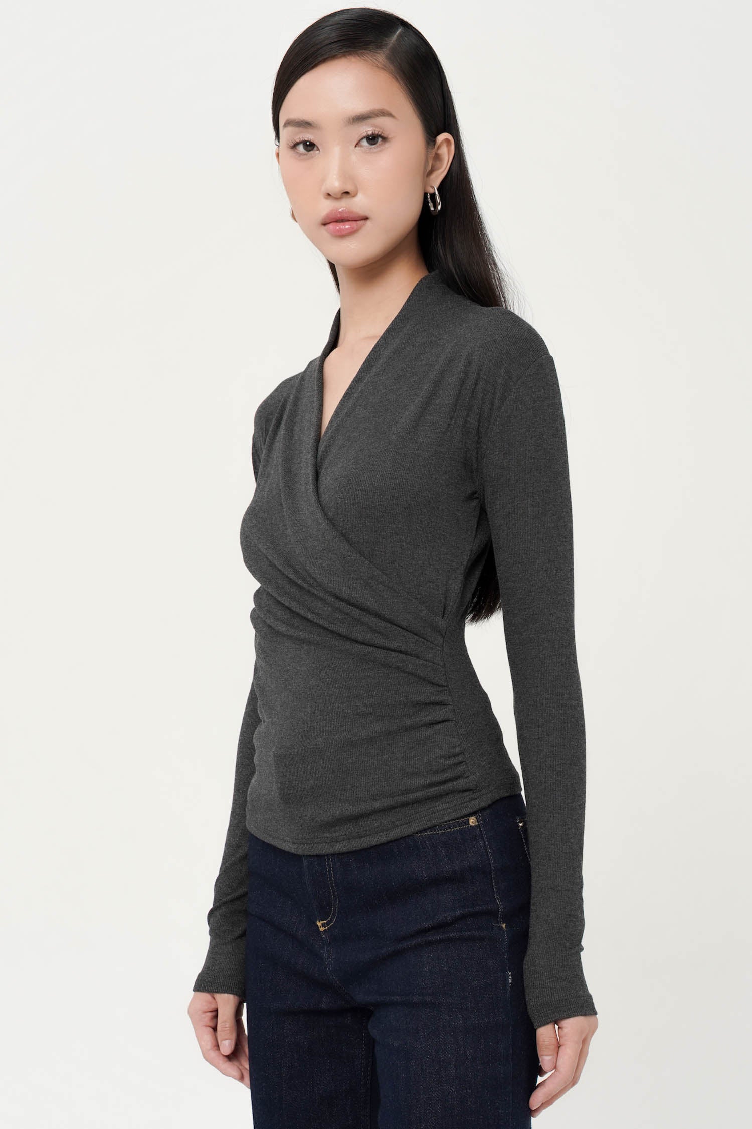 Magda Draped Wrap Blouse In Dark Grey