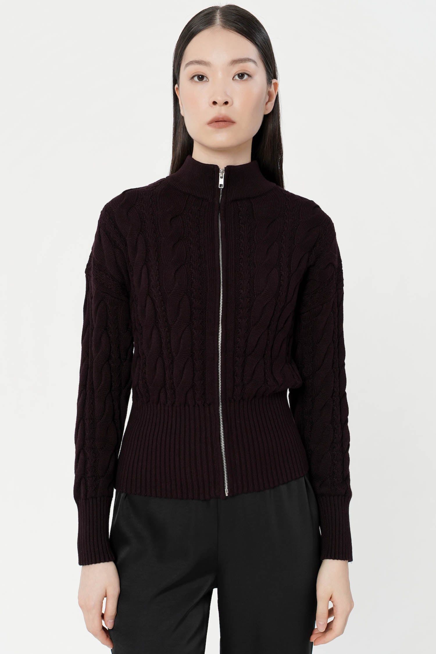 Oryx Cable Knit Cardigan In Wine