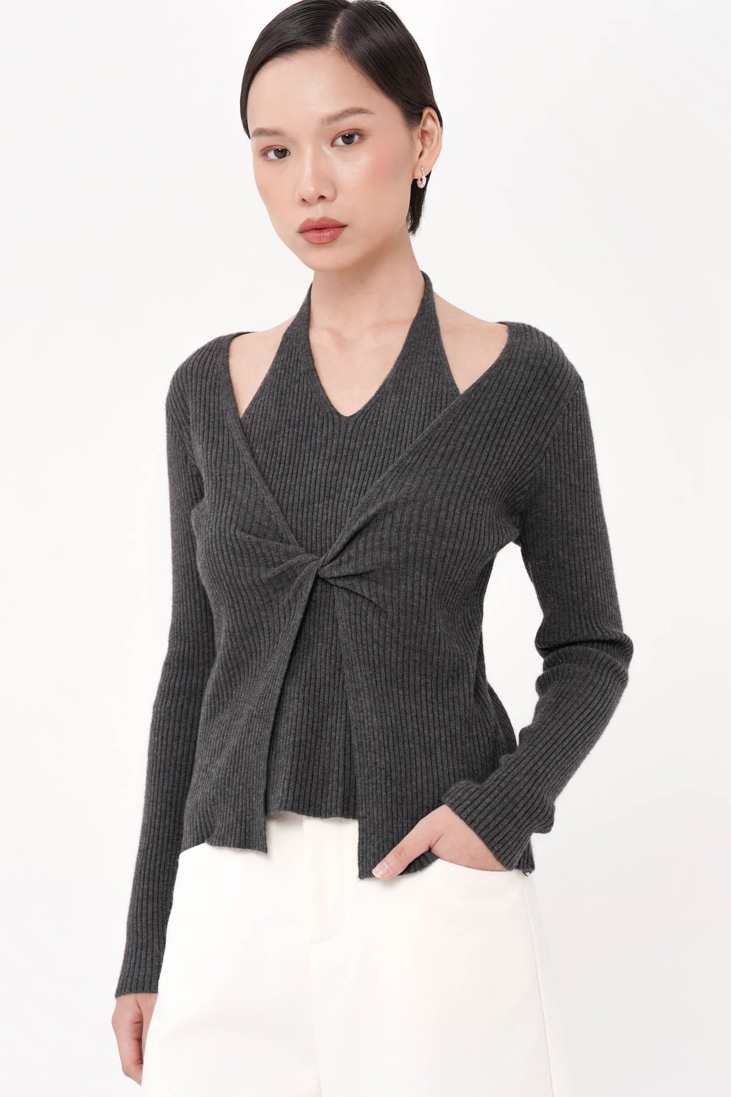 Rooney Twist Halter Top In Dark Grey