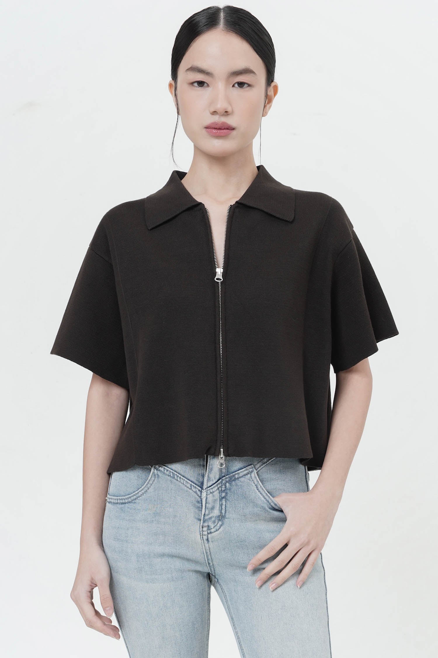 Kiwa Double Zip Knit Top In Espresso