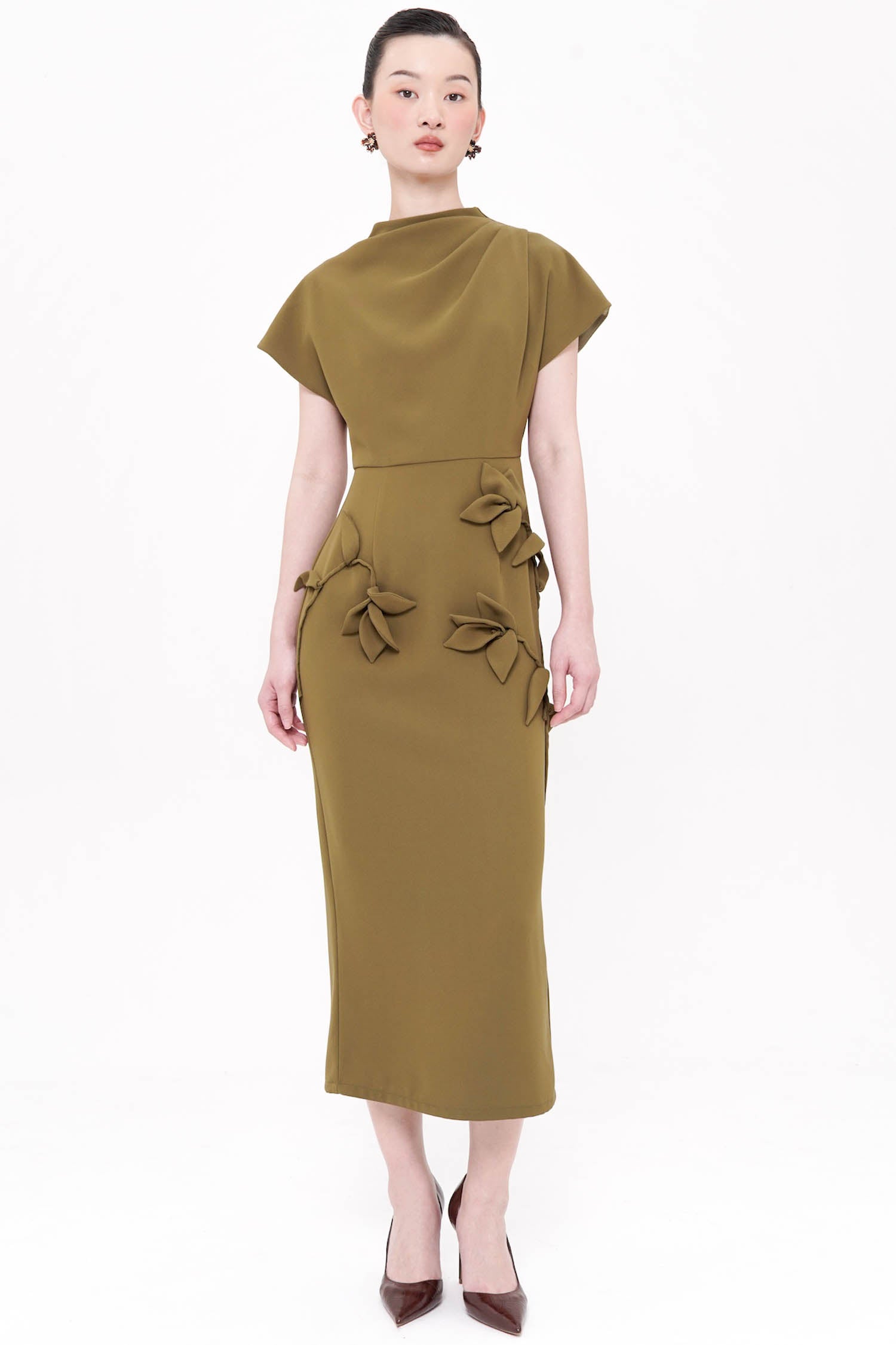 Anle Midi Flower Dress In Olive