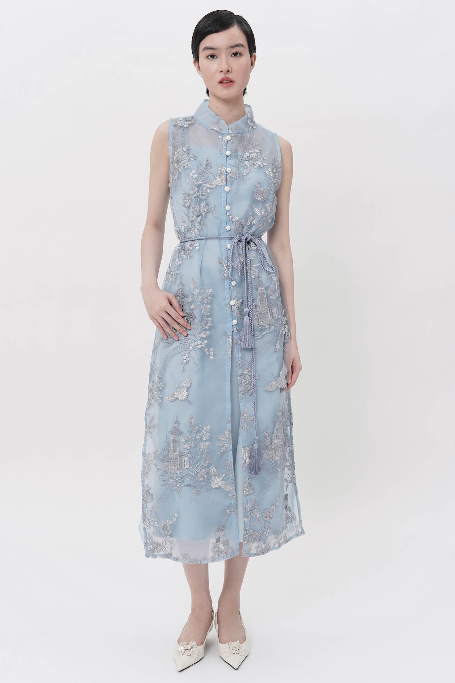 Fuxi Cheongsam Midi Dress In Blue