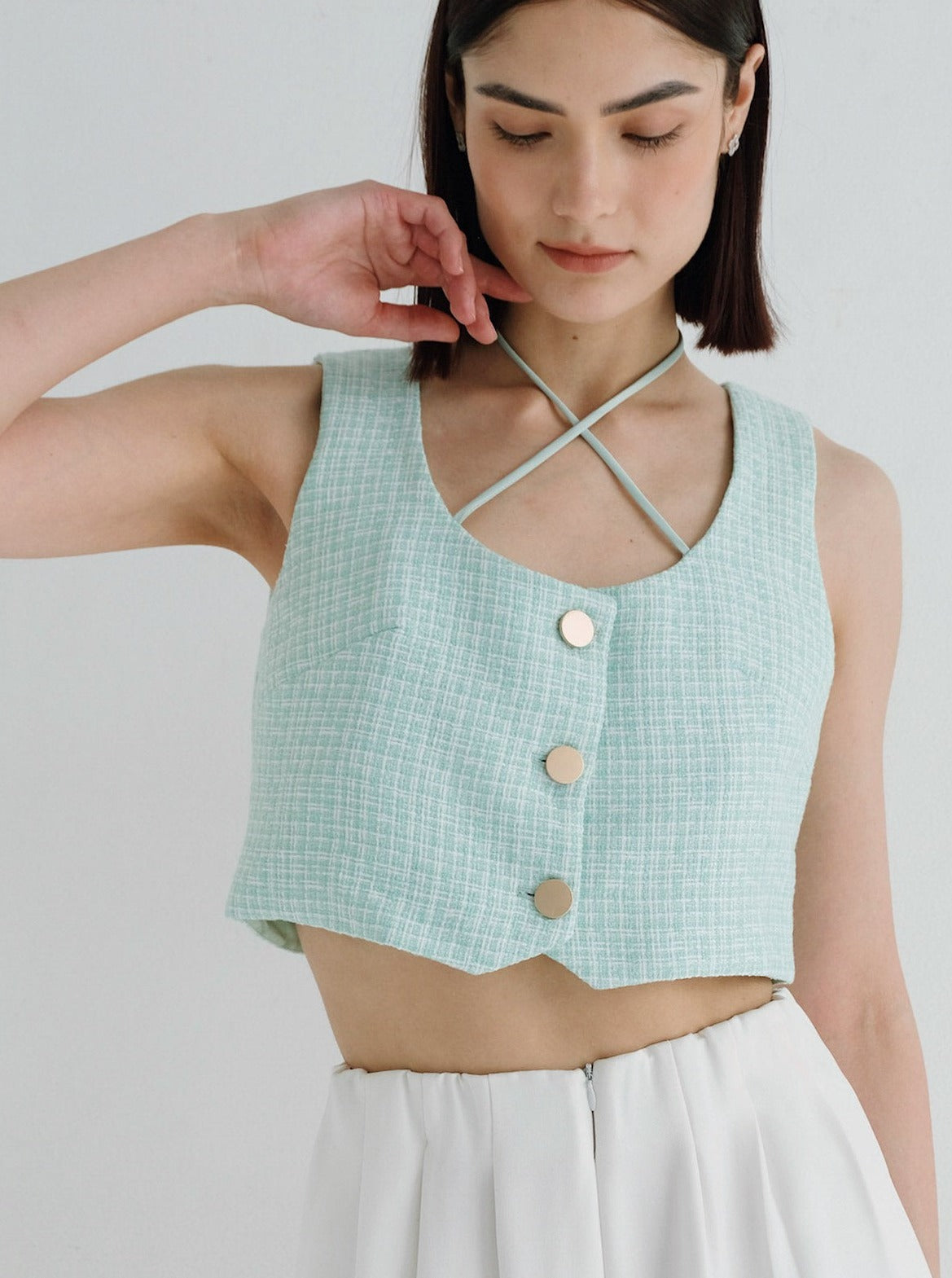 Sierra Cropped Waistcoat Tweed In Mint (4 Left)