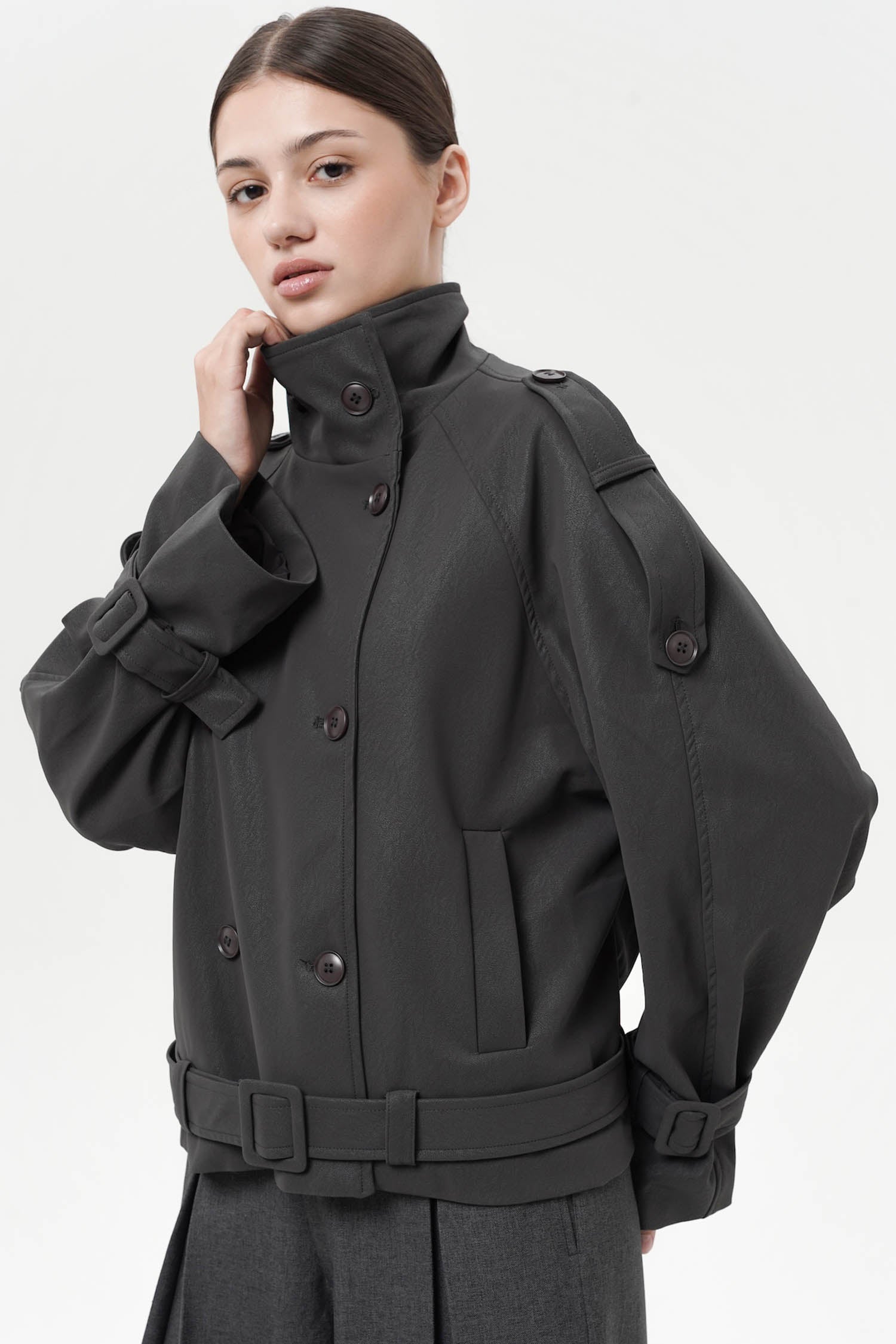 Arzon Epaulette Trench Jacket In Dark Grey