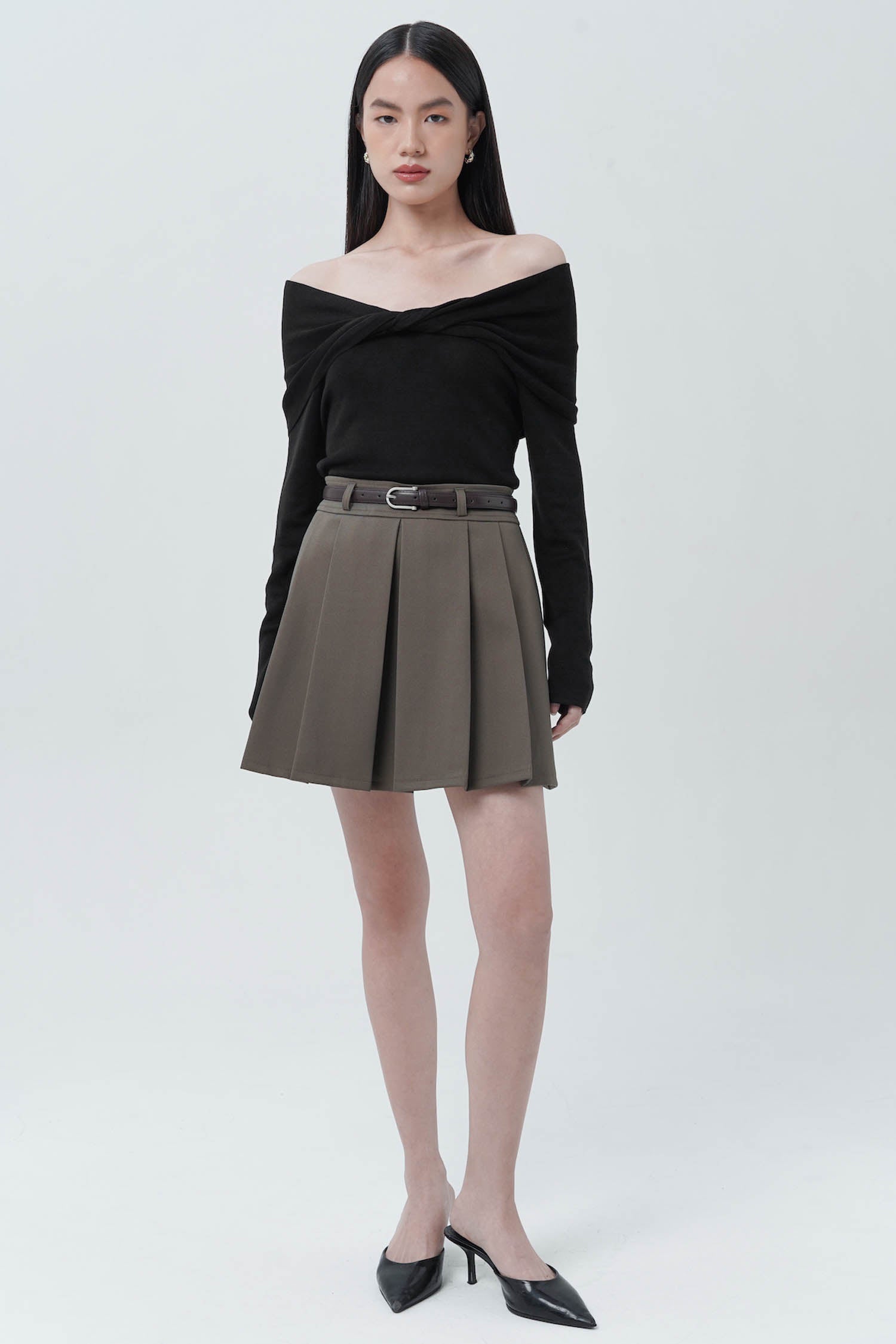 Abbie Pleated Mini Skort In Taupe (3 LEFT)