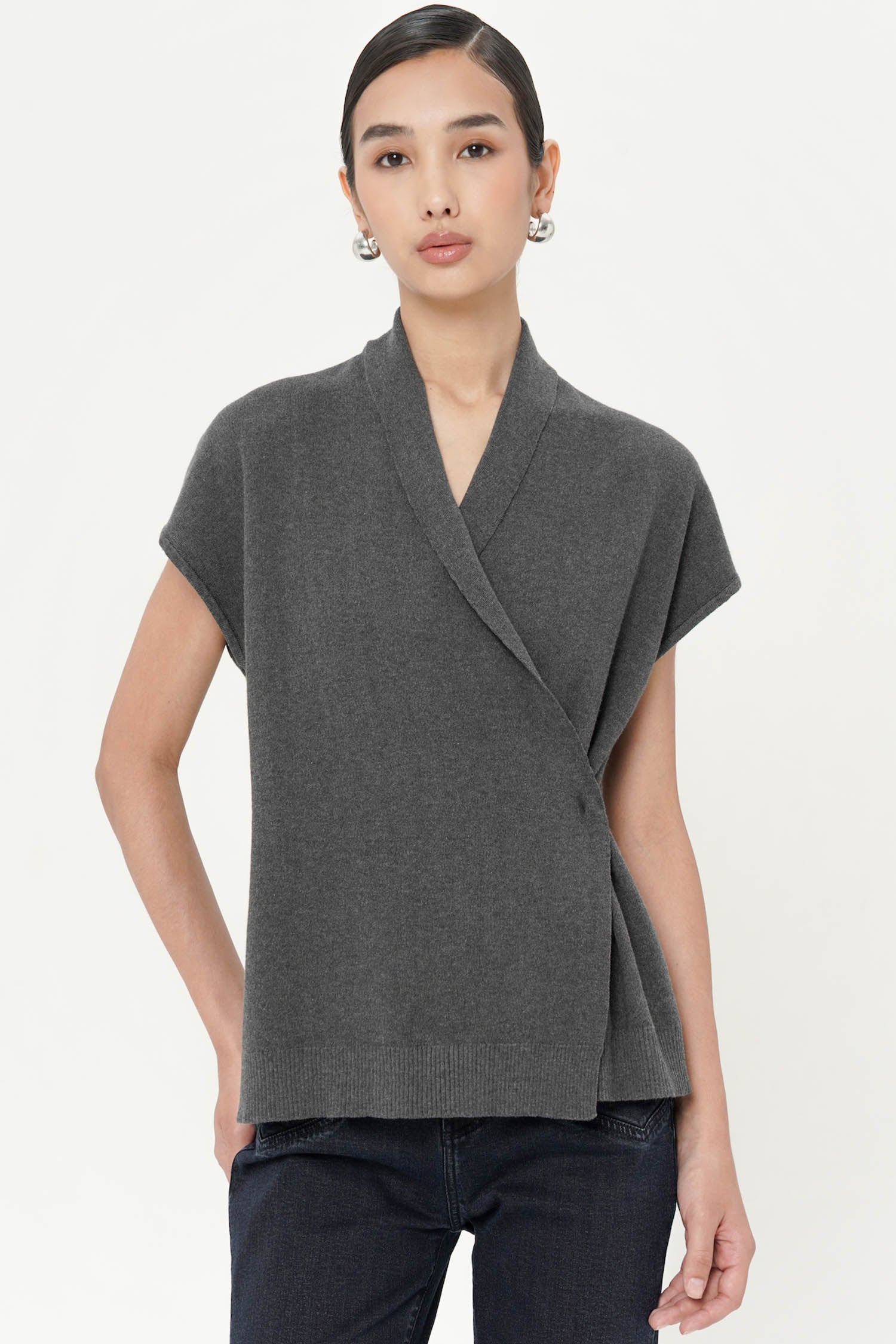 Eira Wrap Top In Dark Grey Knit