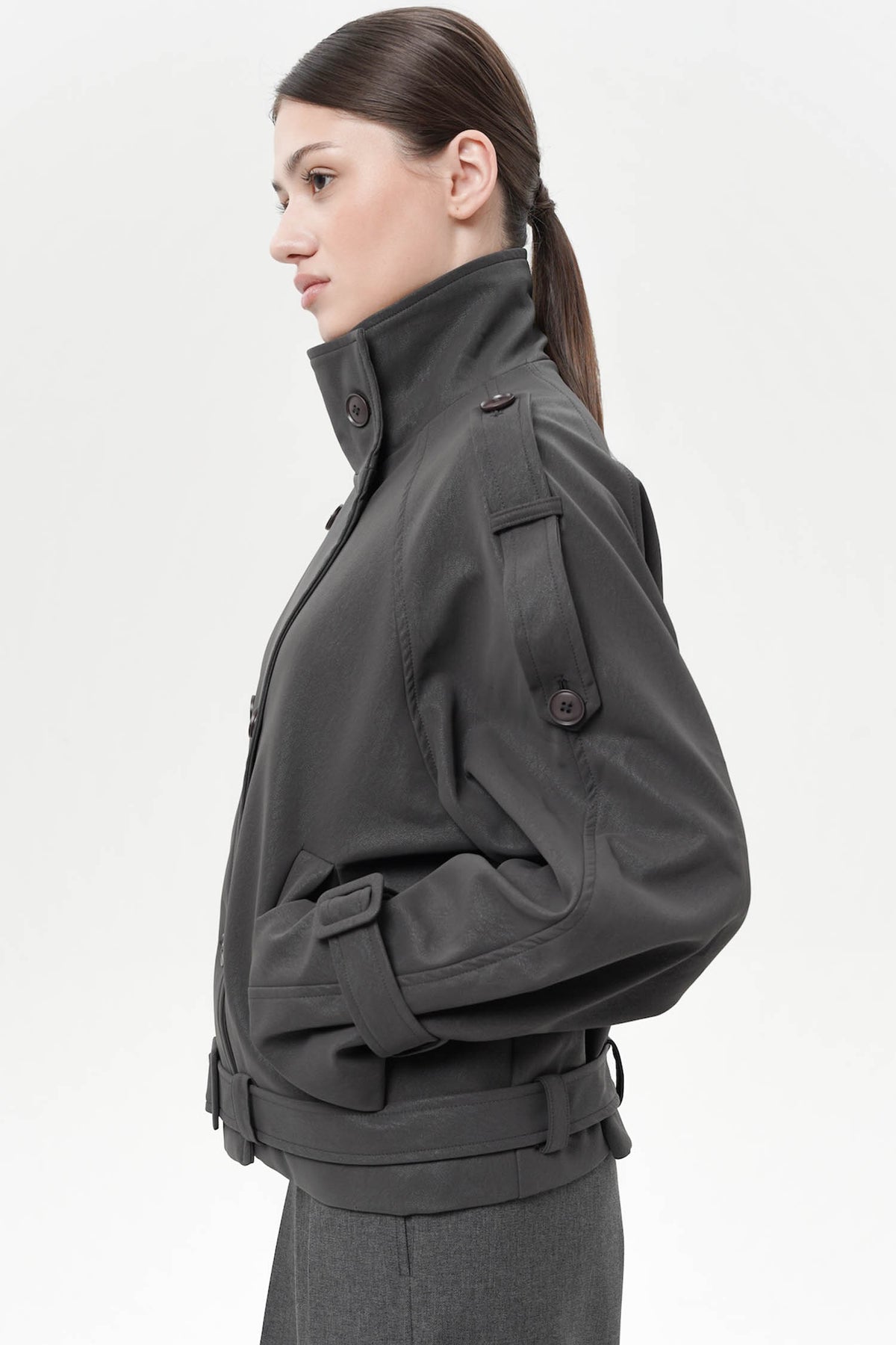 Arzon Epaulette Trench Jacket In Dark Grey