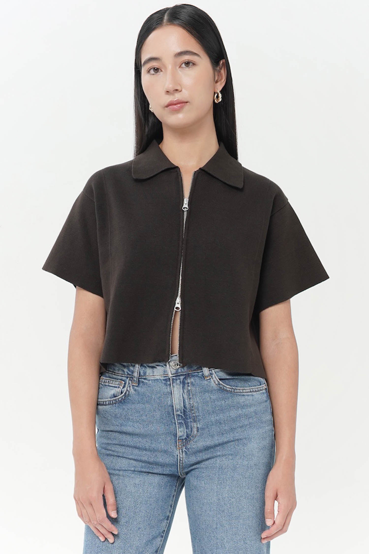 Kiwa Double Zip Knit Top In Espresso