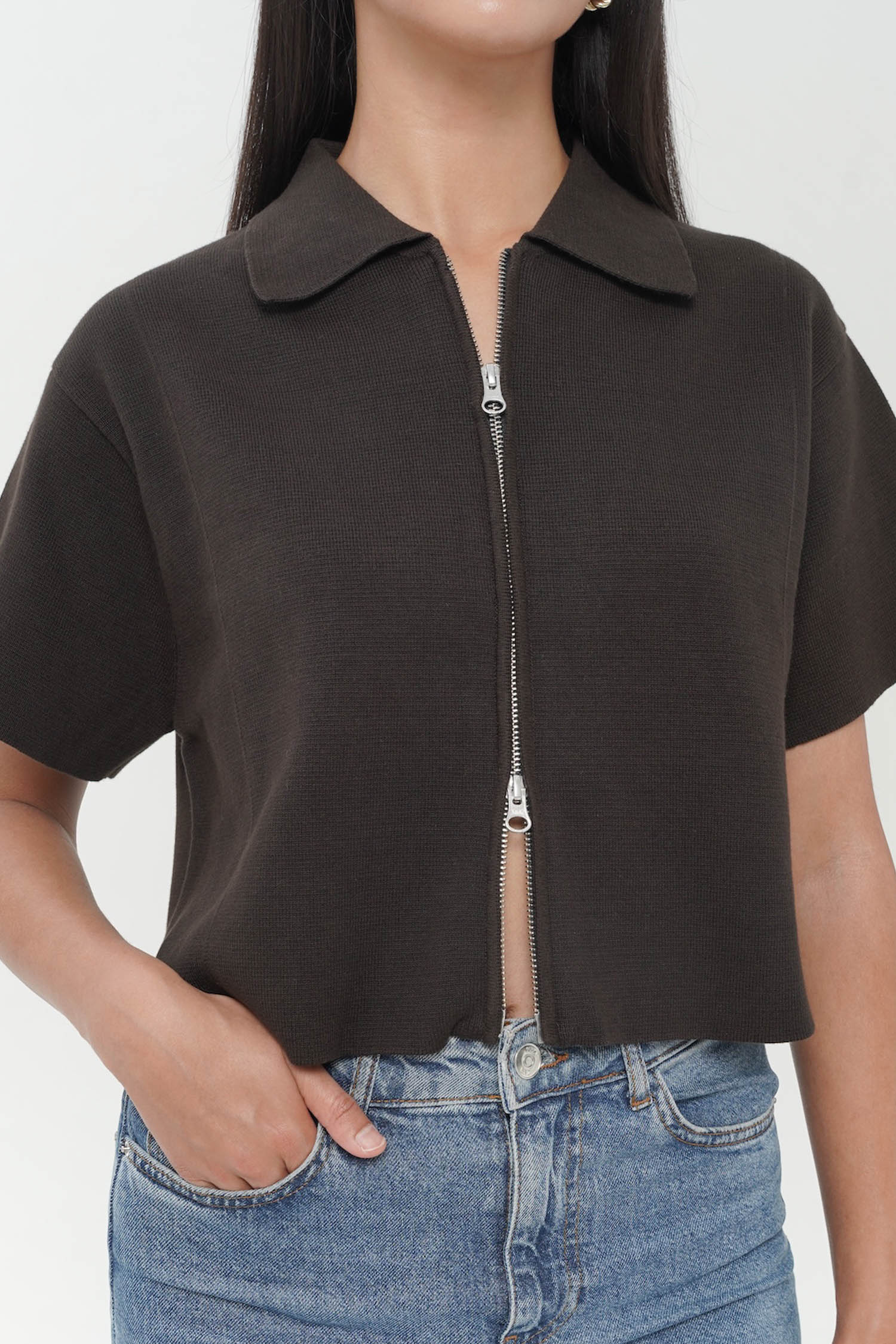 Kiwa Double Zip Knit Top In Espresso