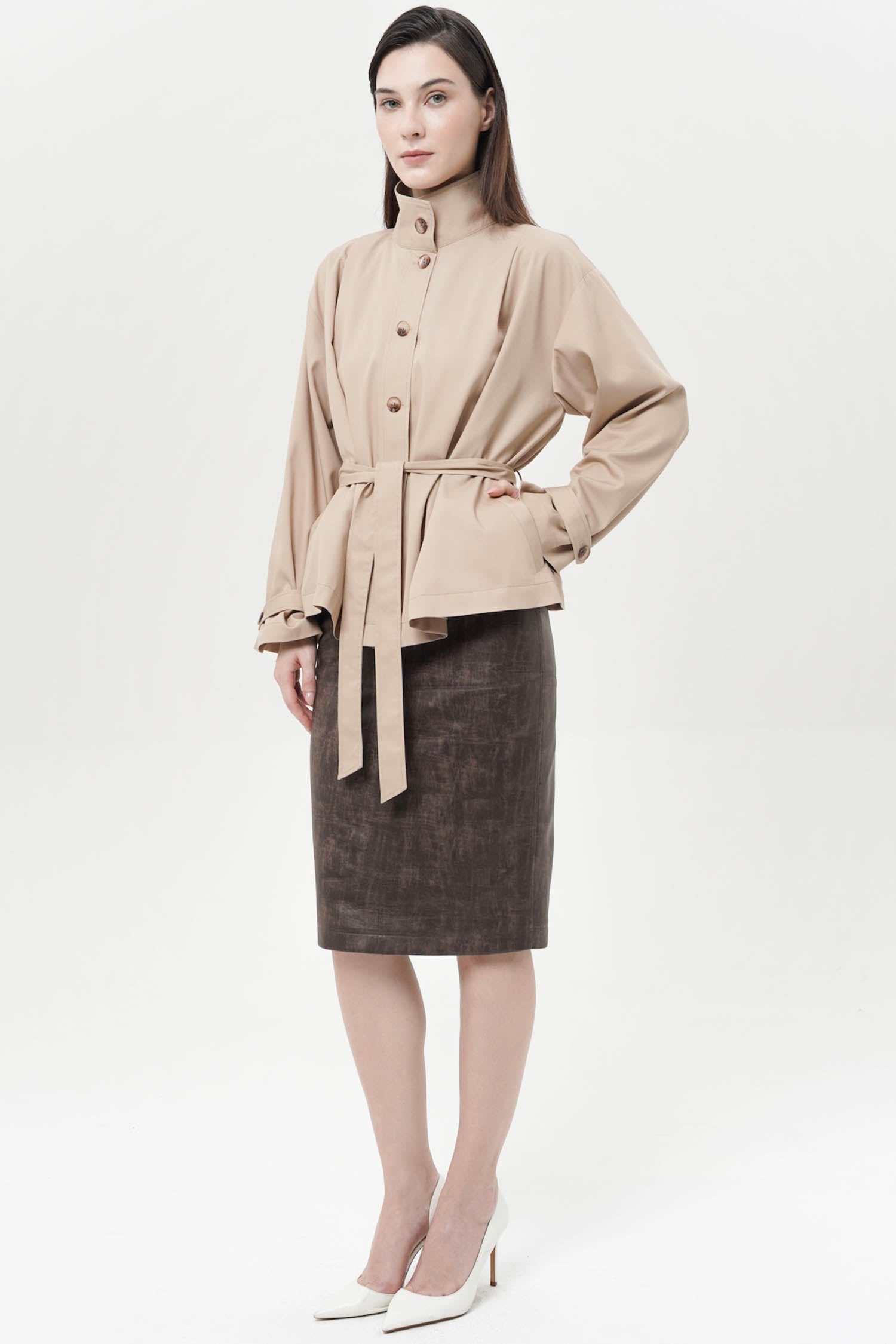 Gillian High Neck Trench In Latte