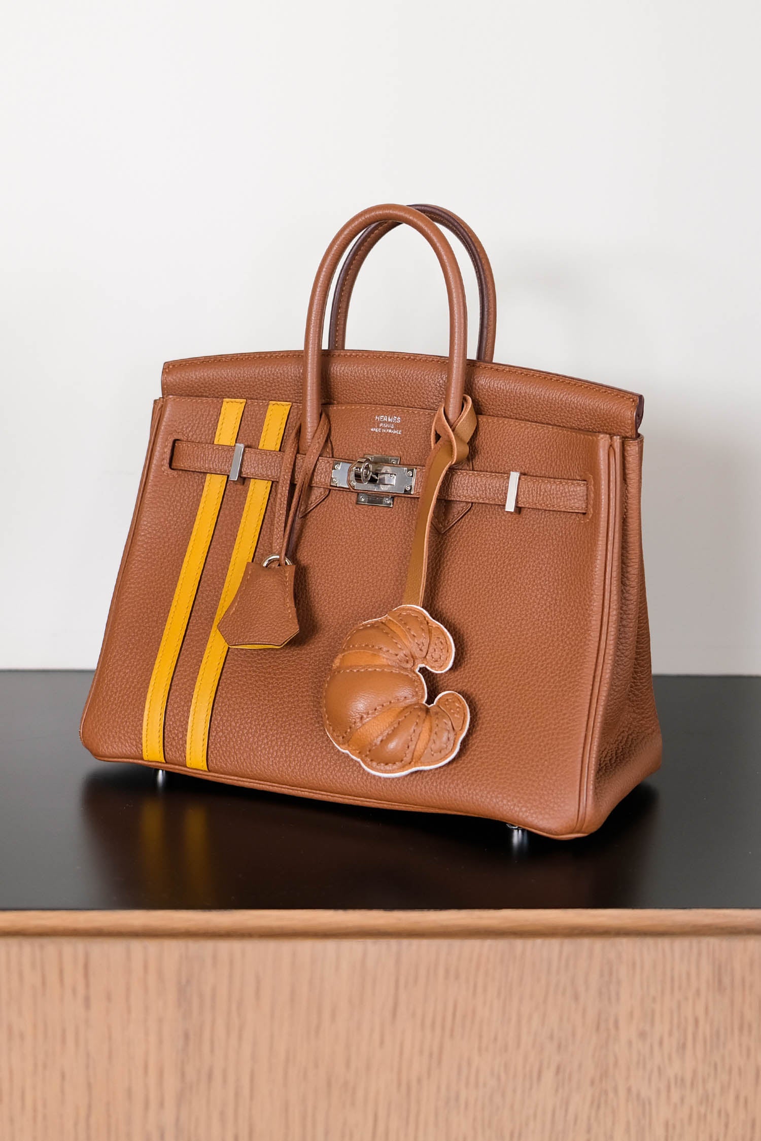 Maison Croissant Leather Charm In Caramel
