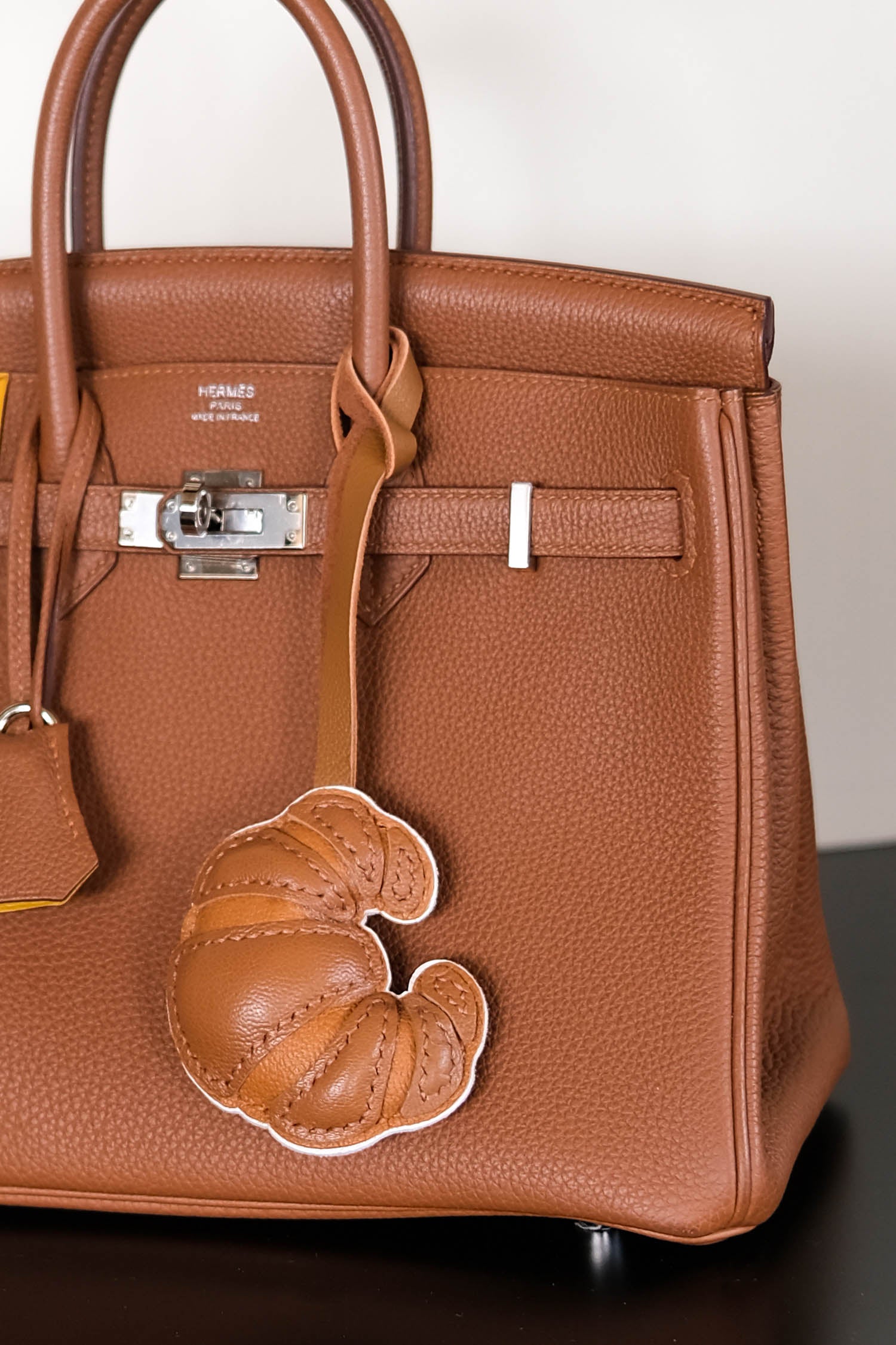 Maison Croissant Leather Charm In Caramel