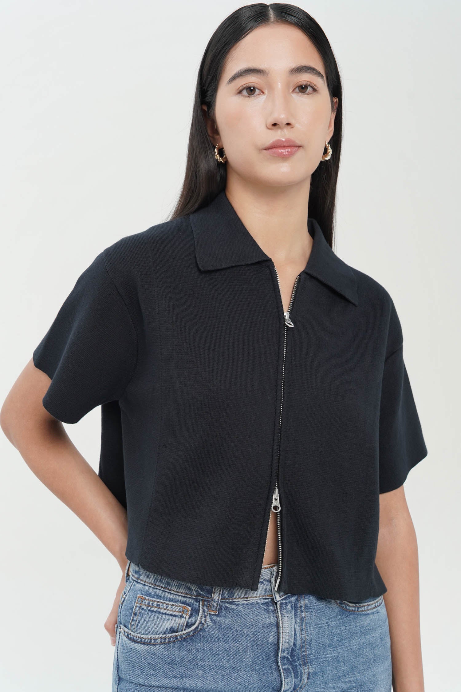 Kiwa Double Zip Knit Top In navy