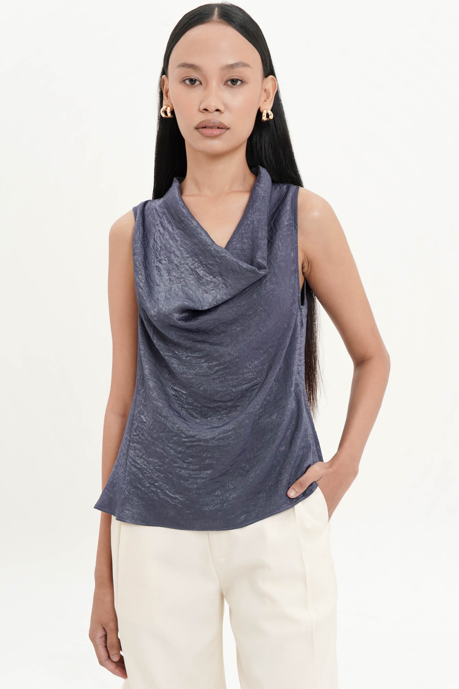 Valencia Halter Drape Top In Dusty Blue