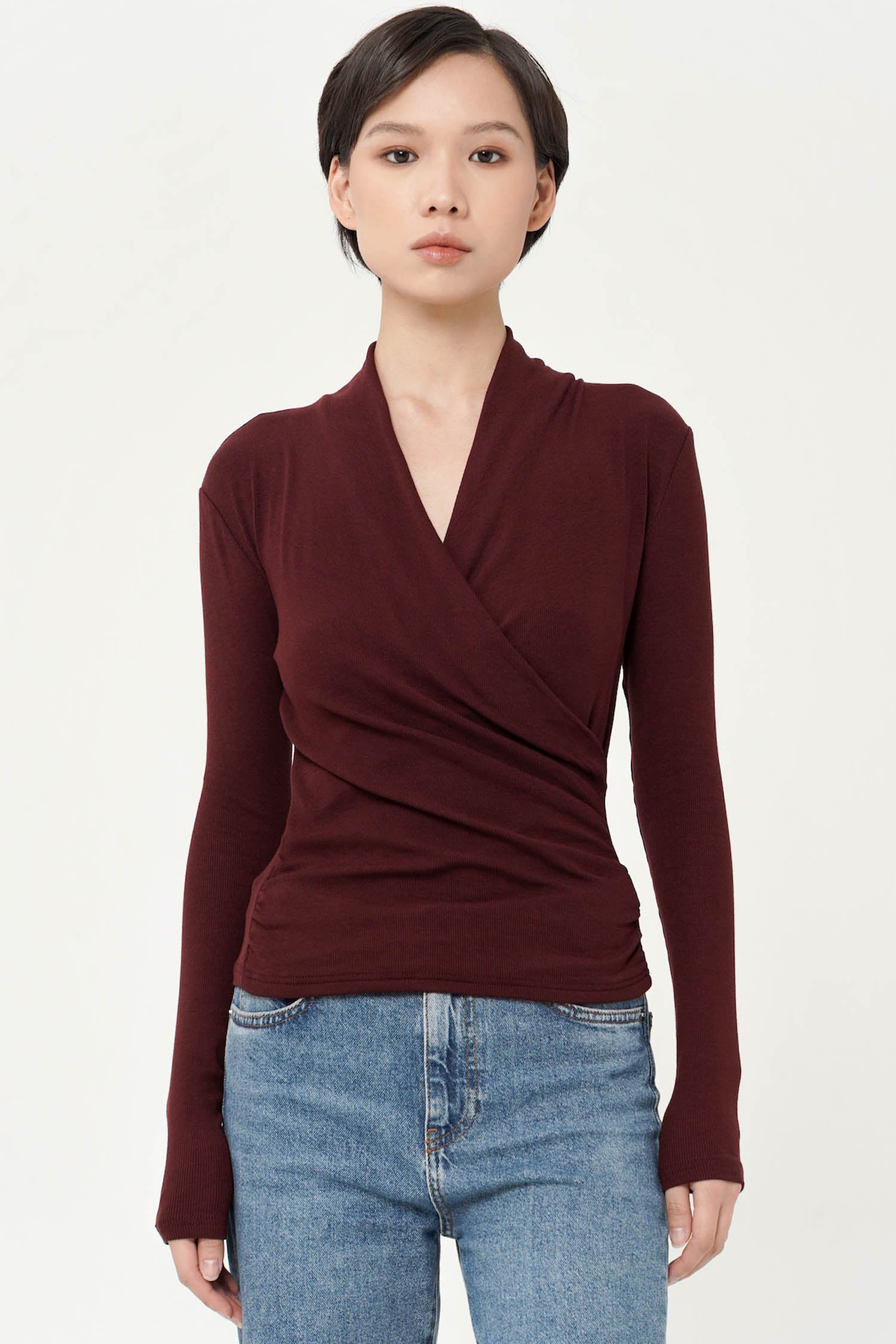 Magda Draped Wrap Blouse In Wine