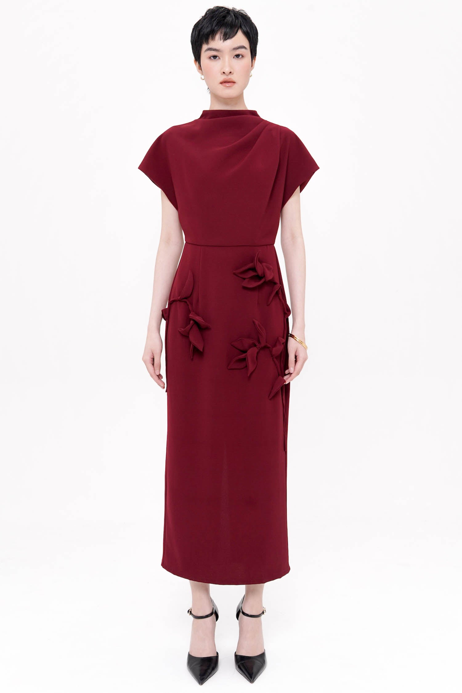 Anle Midi Flower Dress In Maroon