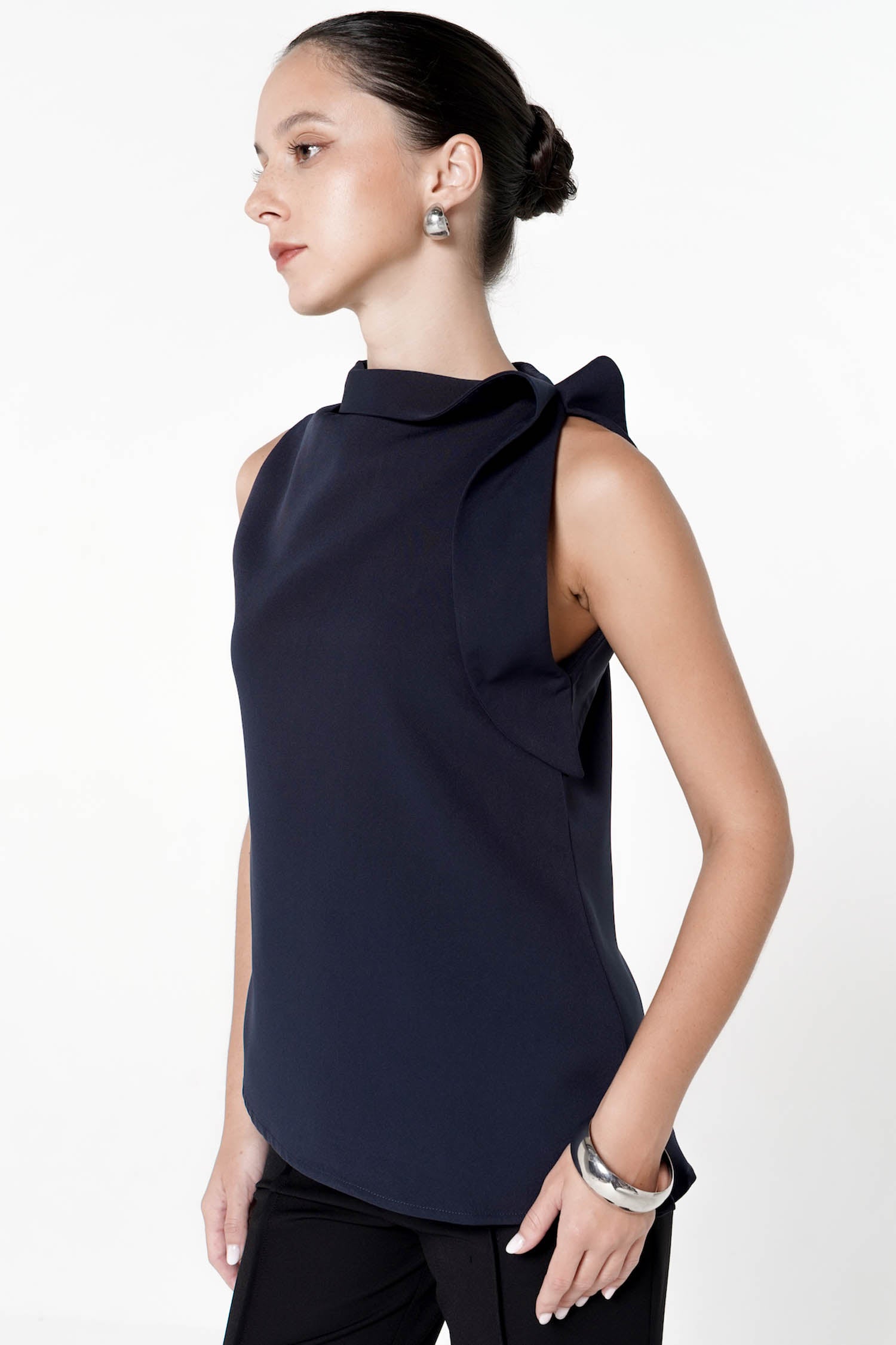 Wyre Shawl Neck Top In Navy