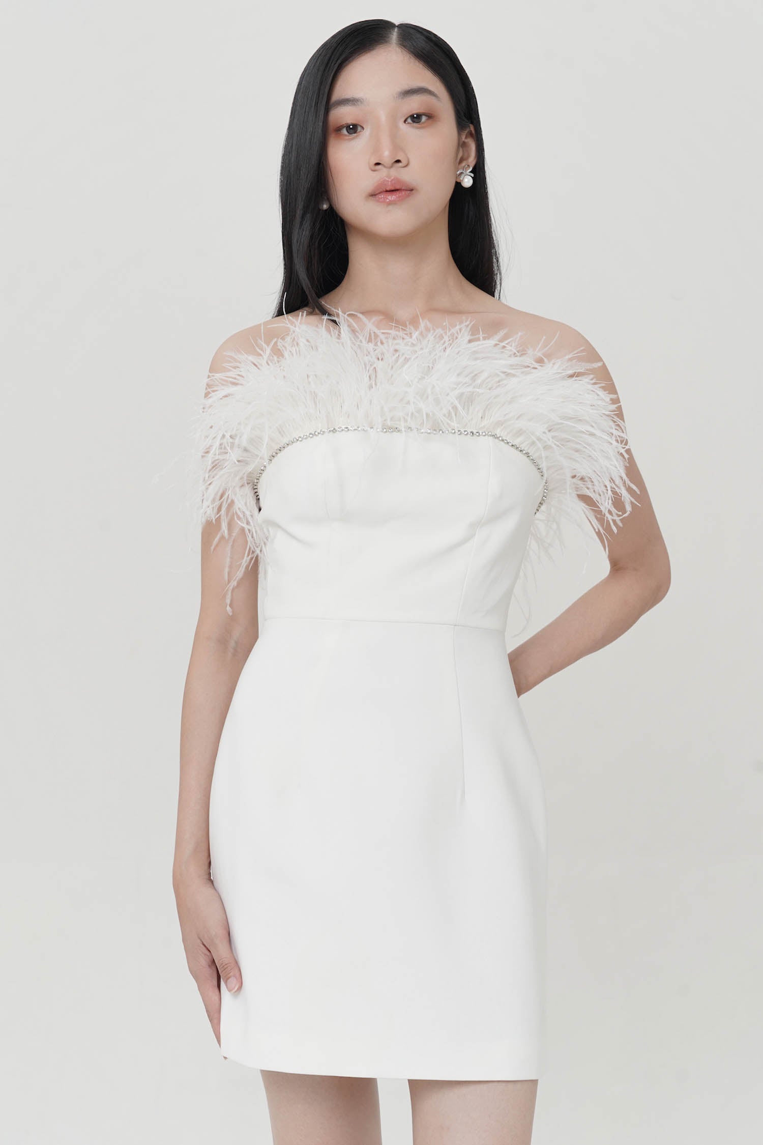 Ensley Faux Feather Mini Dress In White