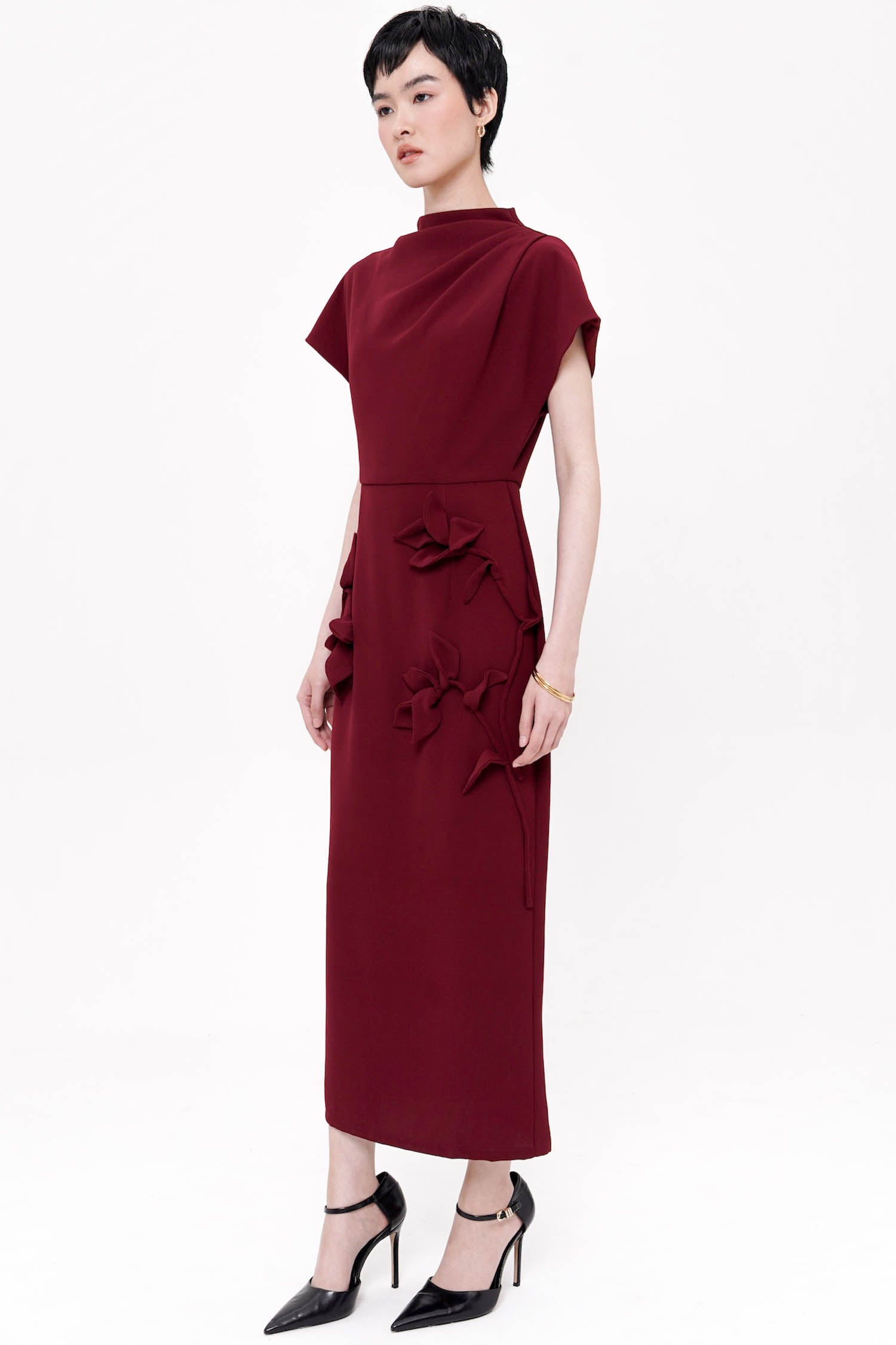 Anle Midi Flower Dress In Maroon