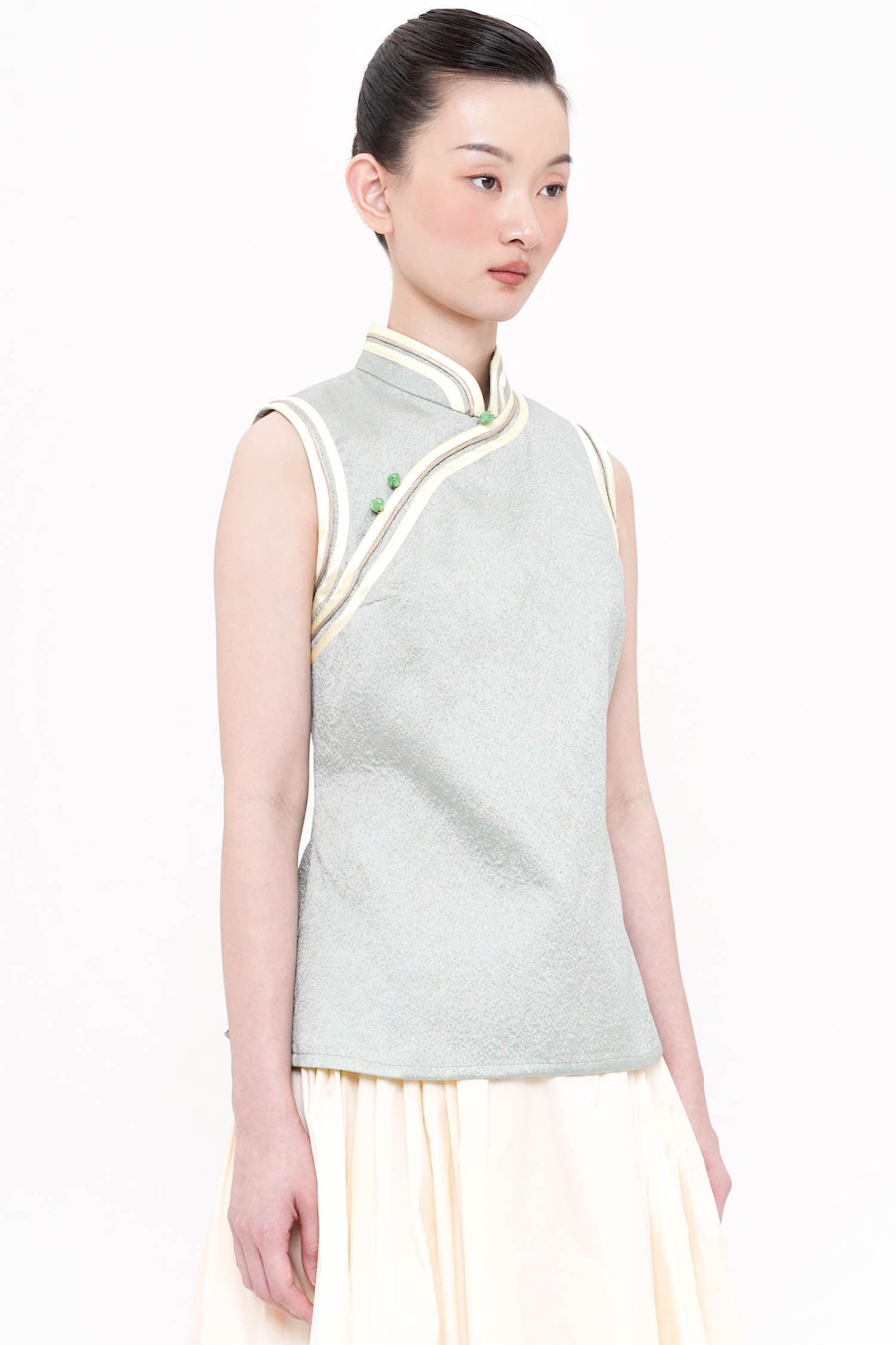 Mei Mandarin Collar Top In Sage