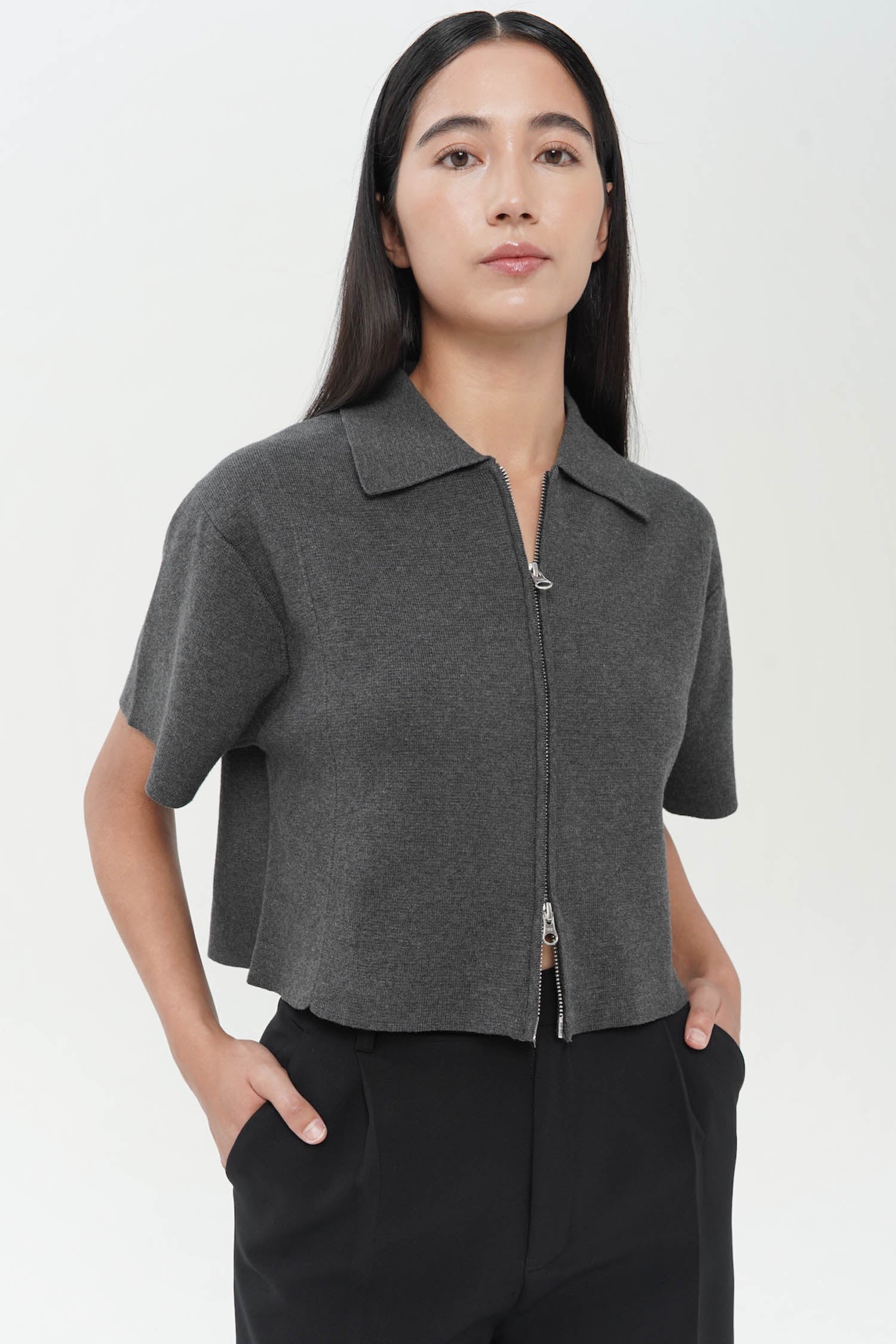 Kiwa Double Zip Knit Top In Grey