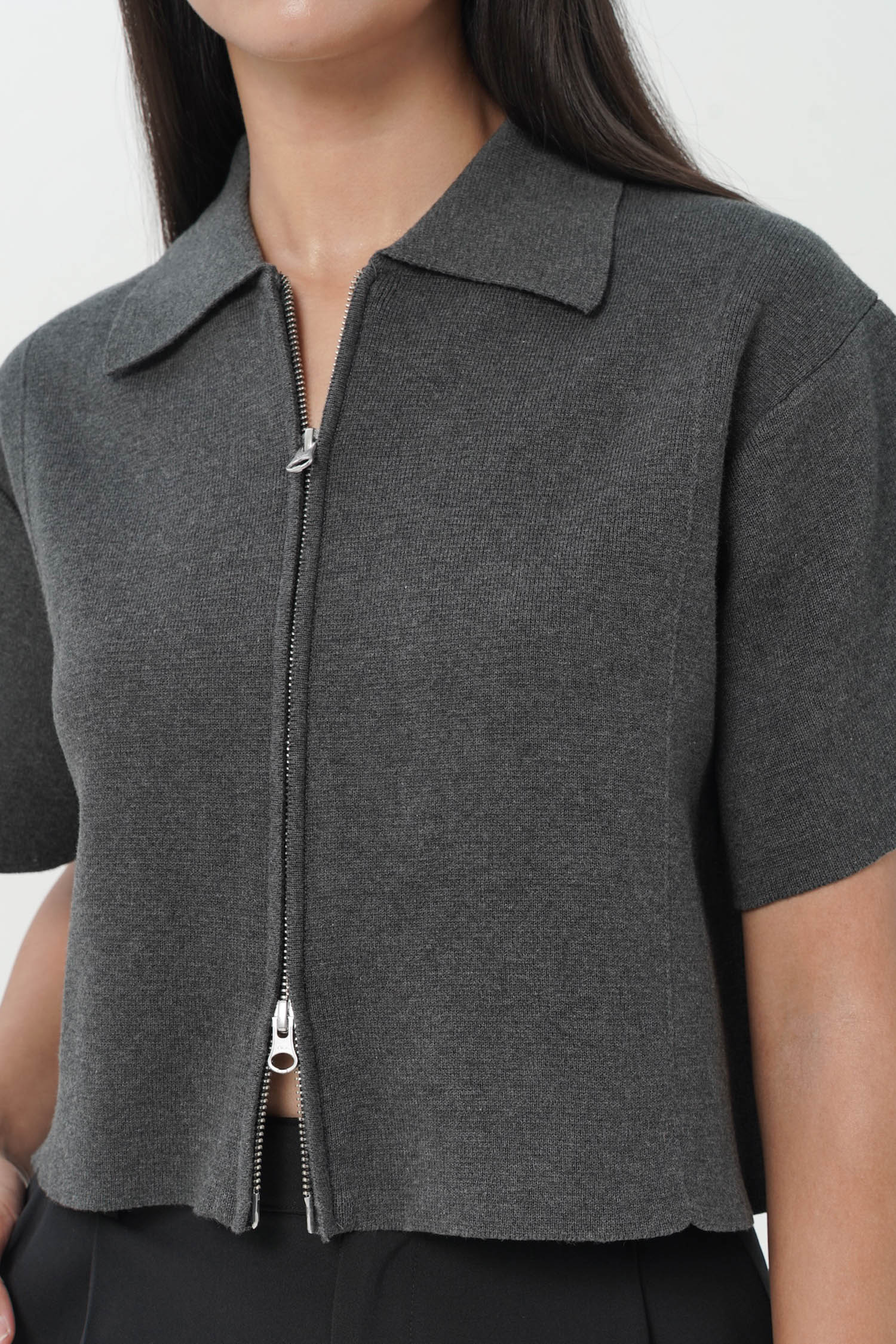 Kiwa Double Zip Knit Top In Grey