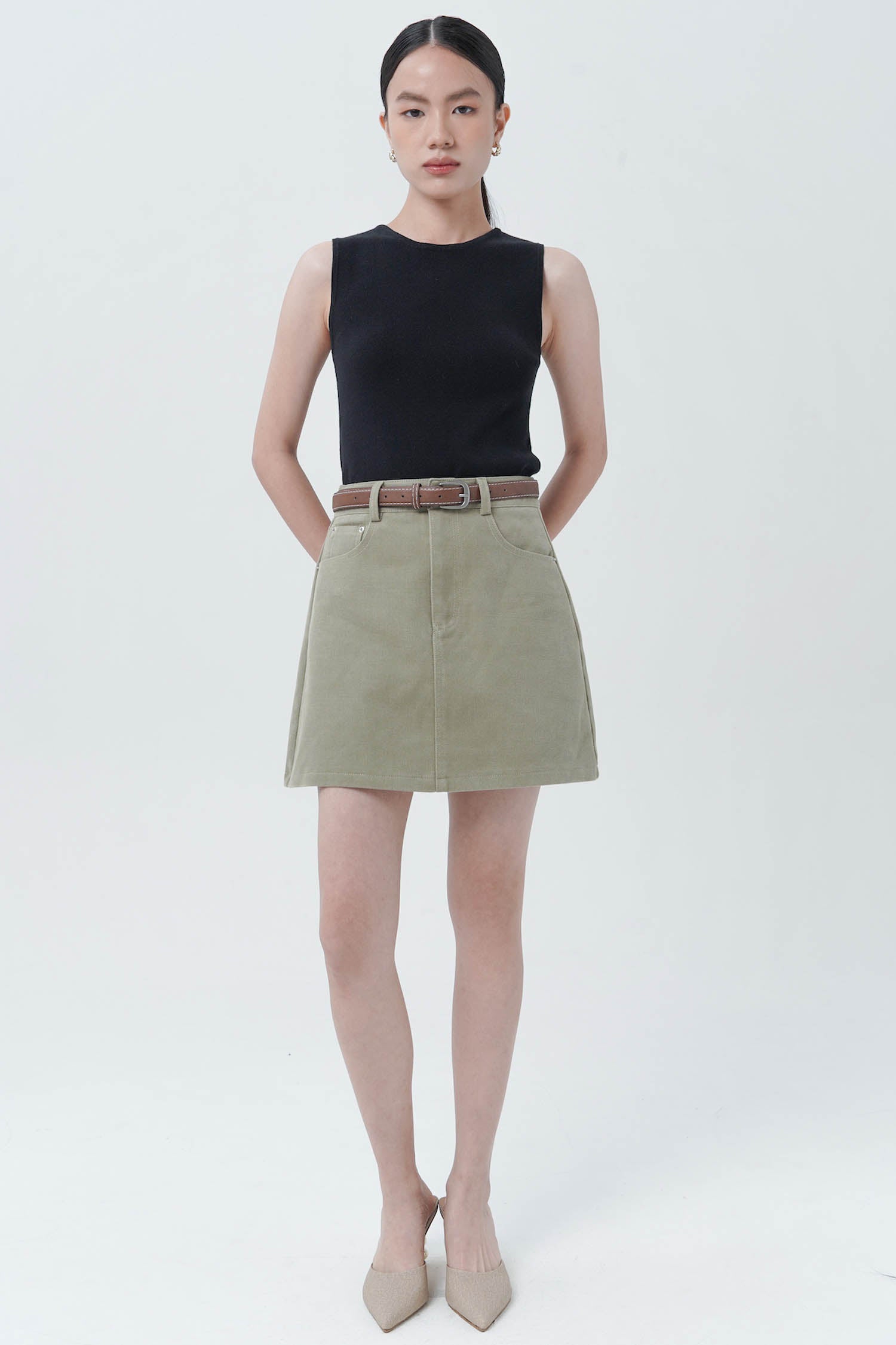 Vante Belted Mini Skort In Olive Tan