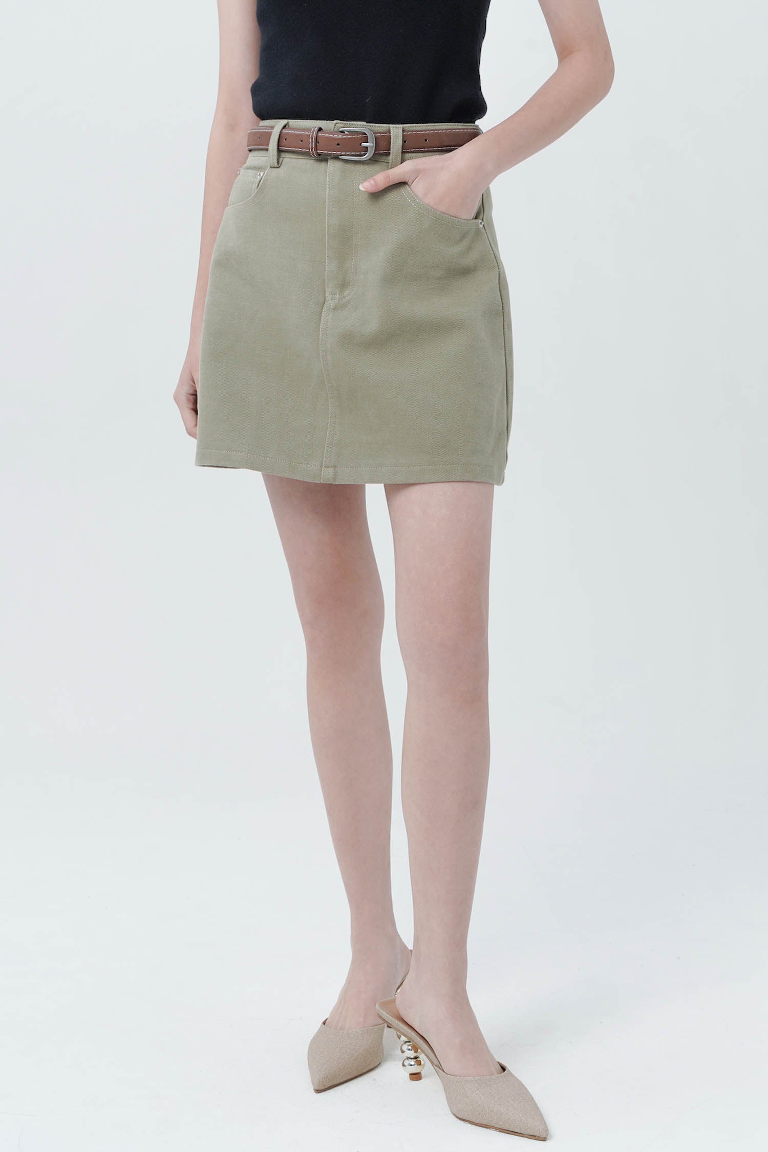 Vante Belted Mini Skort In Olive Tan