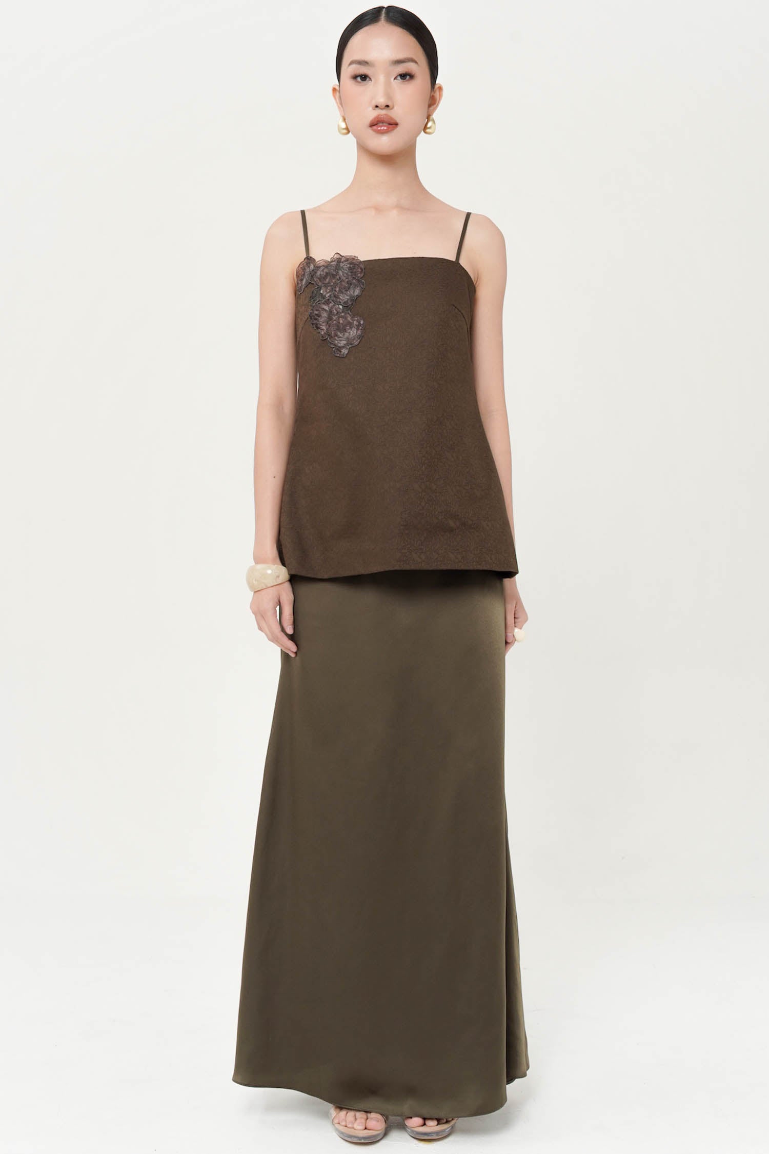 Elea Sateen Skirt In Olive Brown