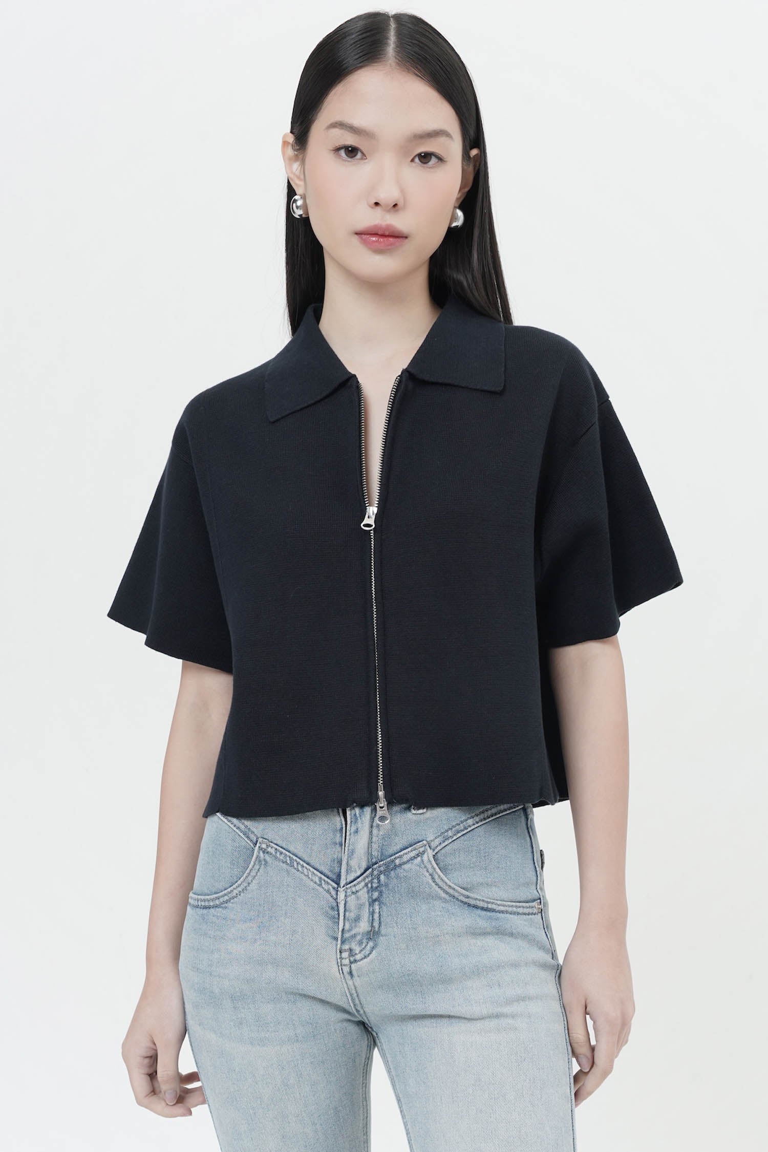 Kiwa Double Zip Knit Top In navy