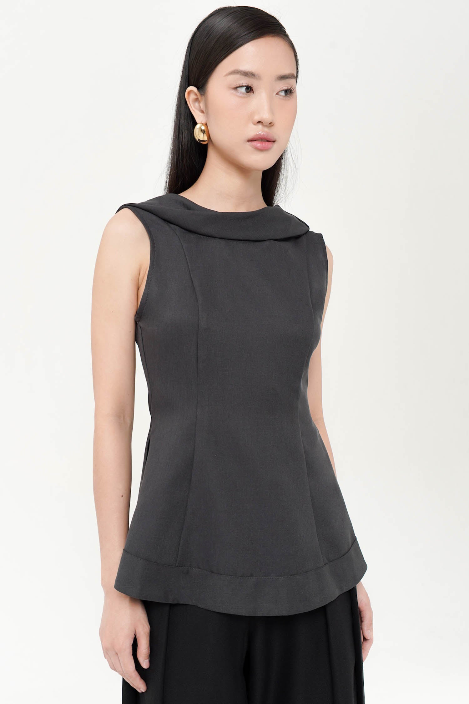 Tacey Twist Shawl Neck Top In Charcoal