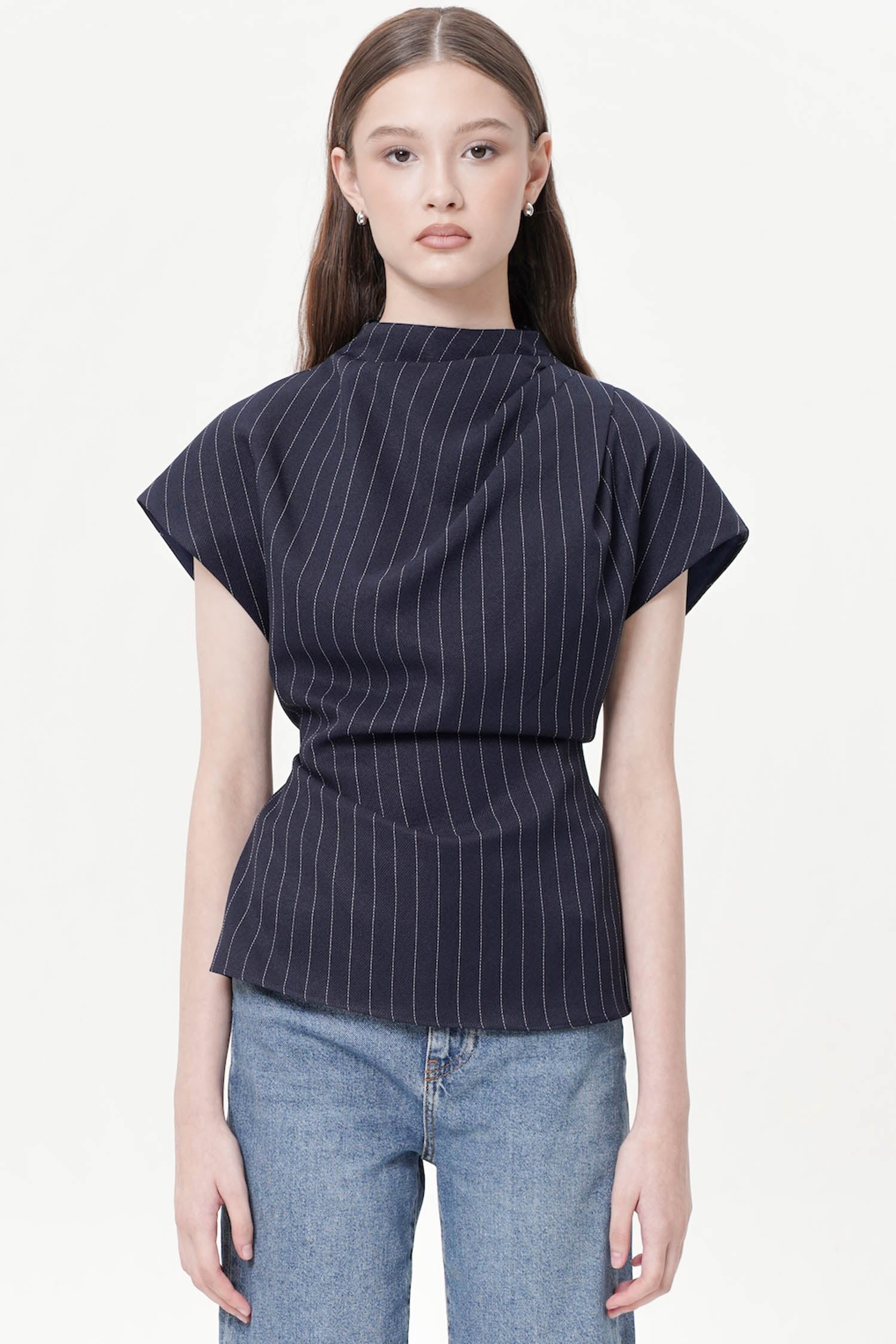 Aurena Drape Top In Navy Stripes