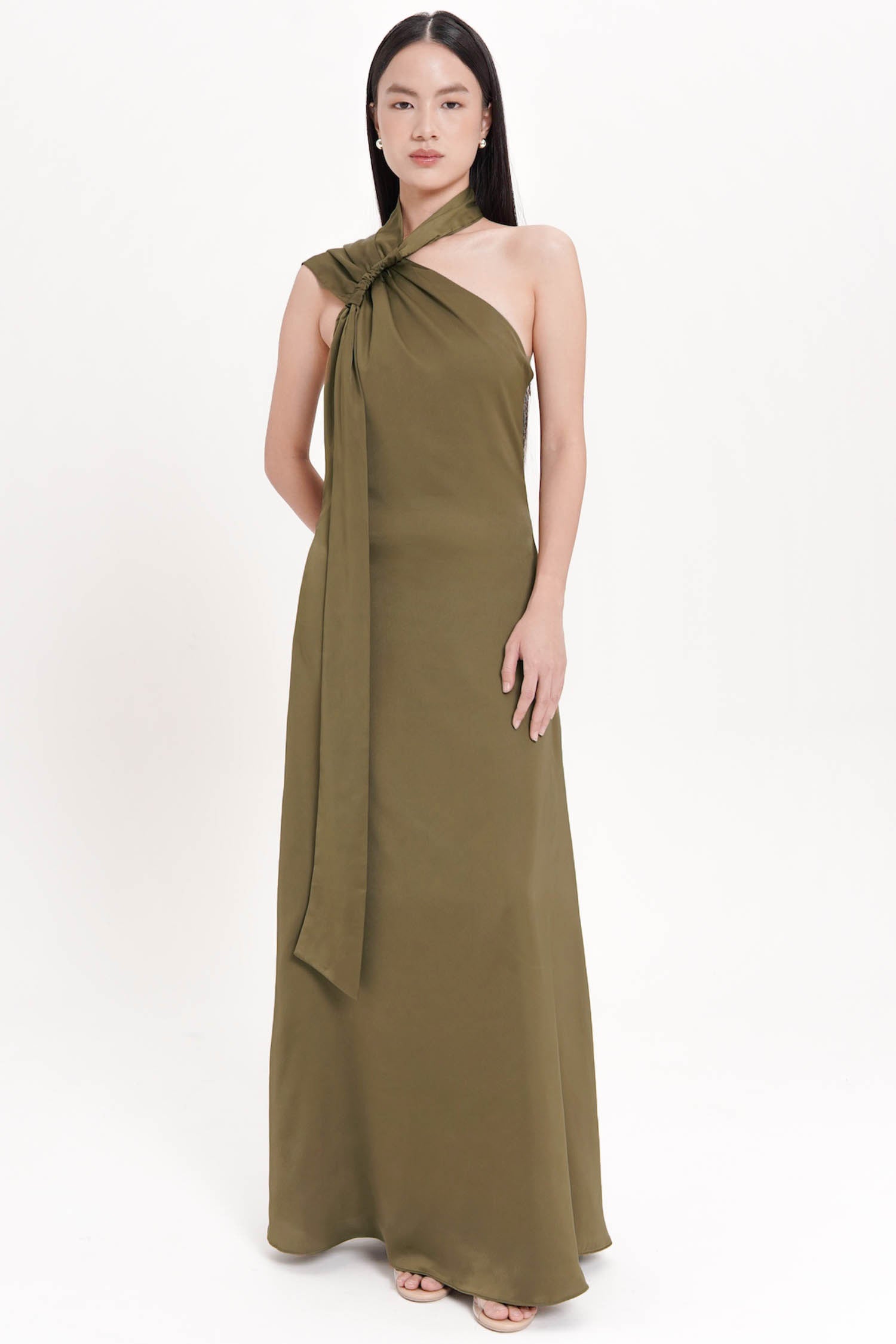 Hartley One Shoulder Maxi Dress In Olive
