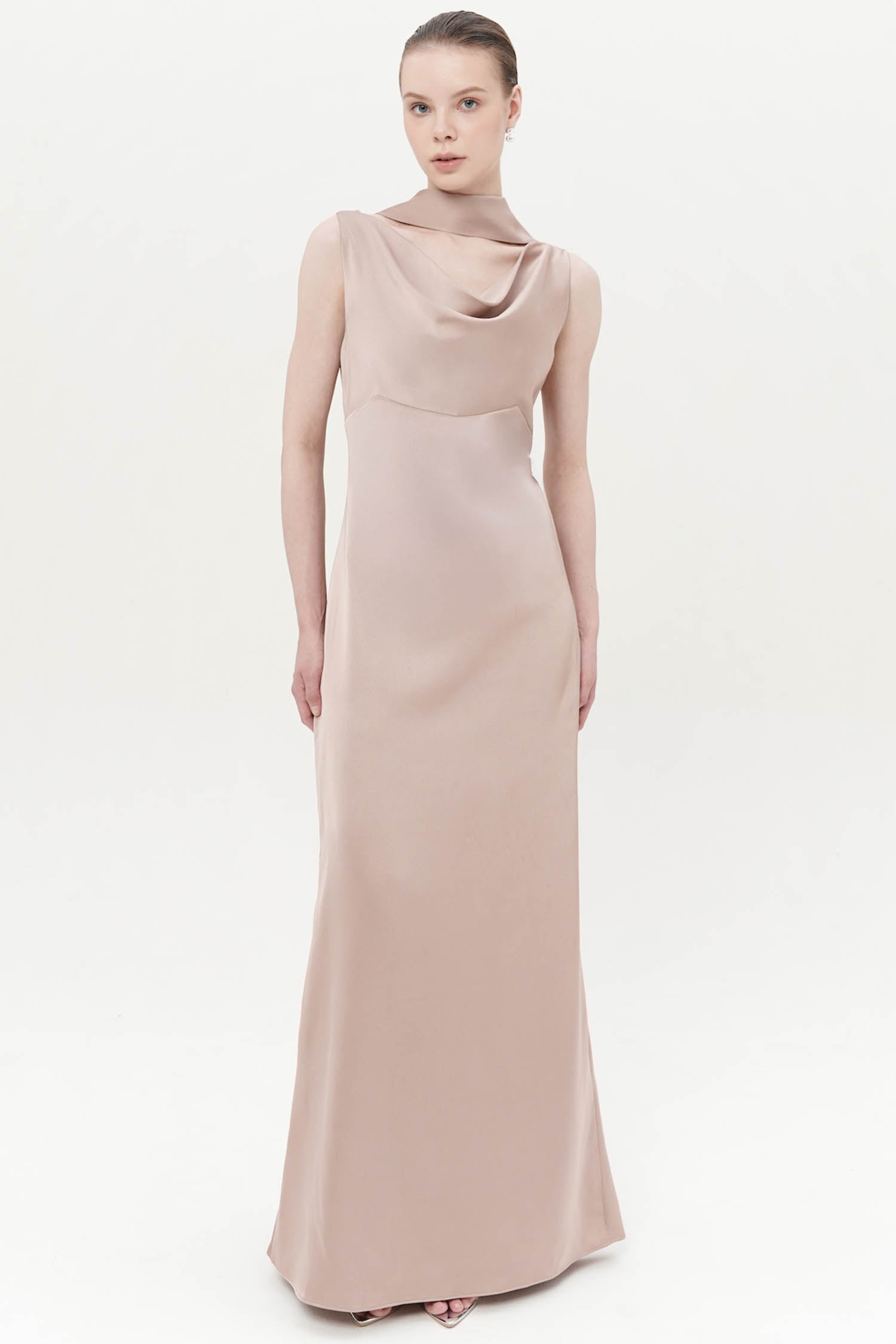 Elyna Maxi Draped Dress In Nude (Extra Shawl)