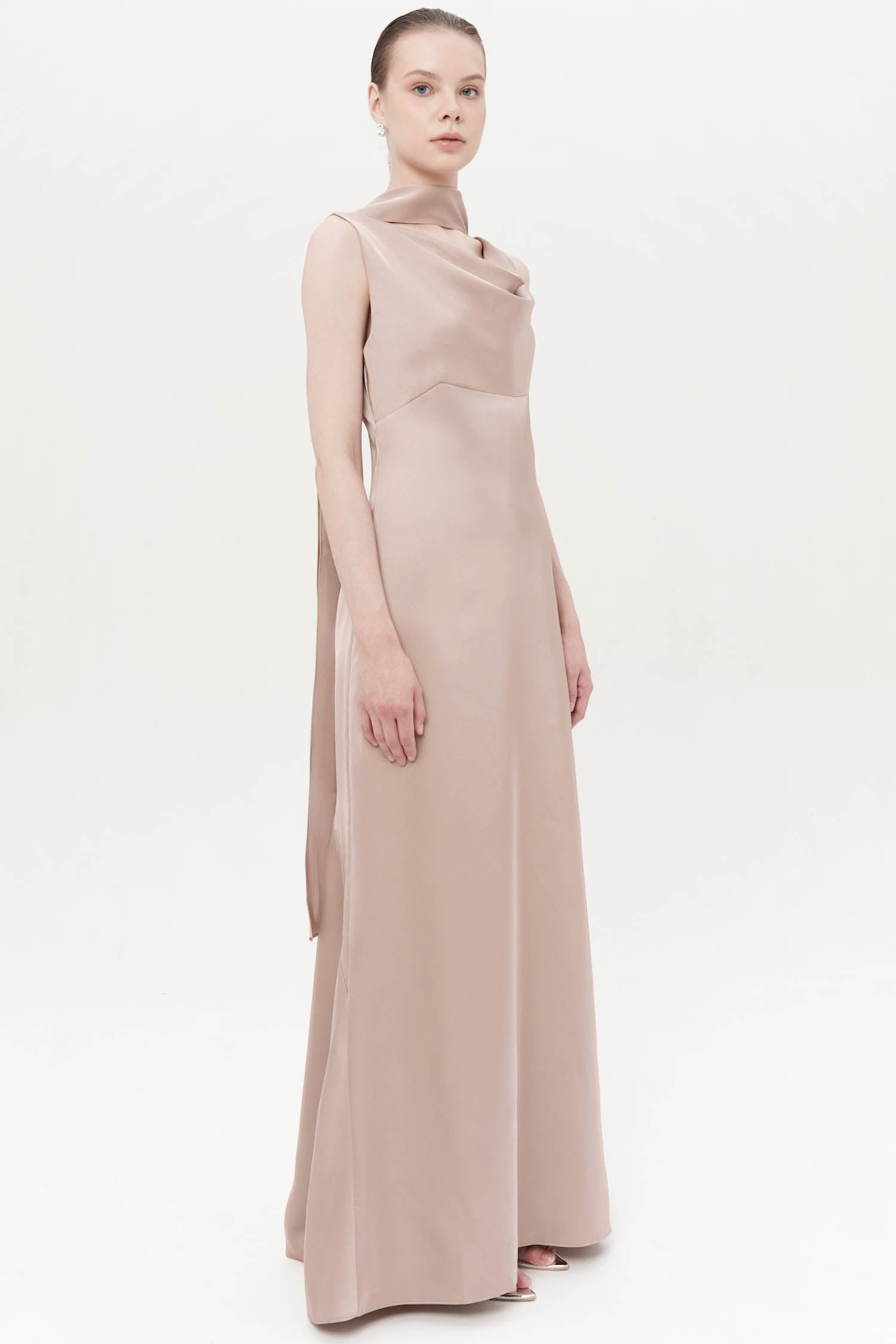 Elyna Maxi Draped Dress In Nude (Extra Shawl)